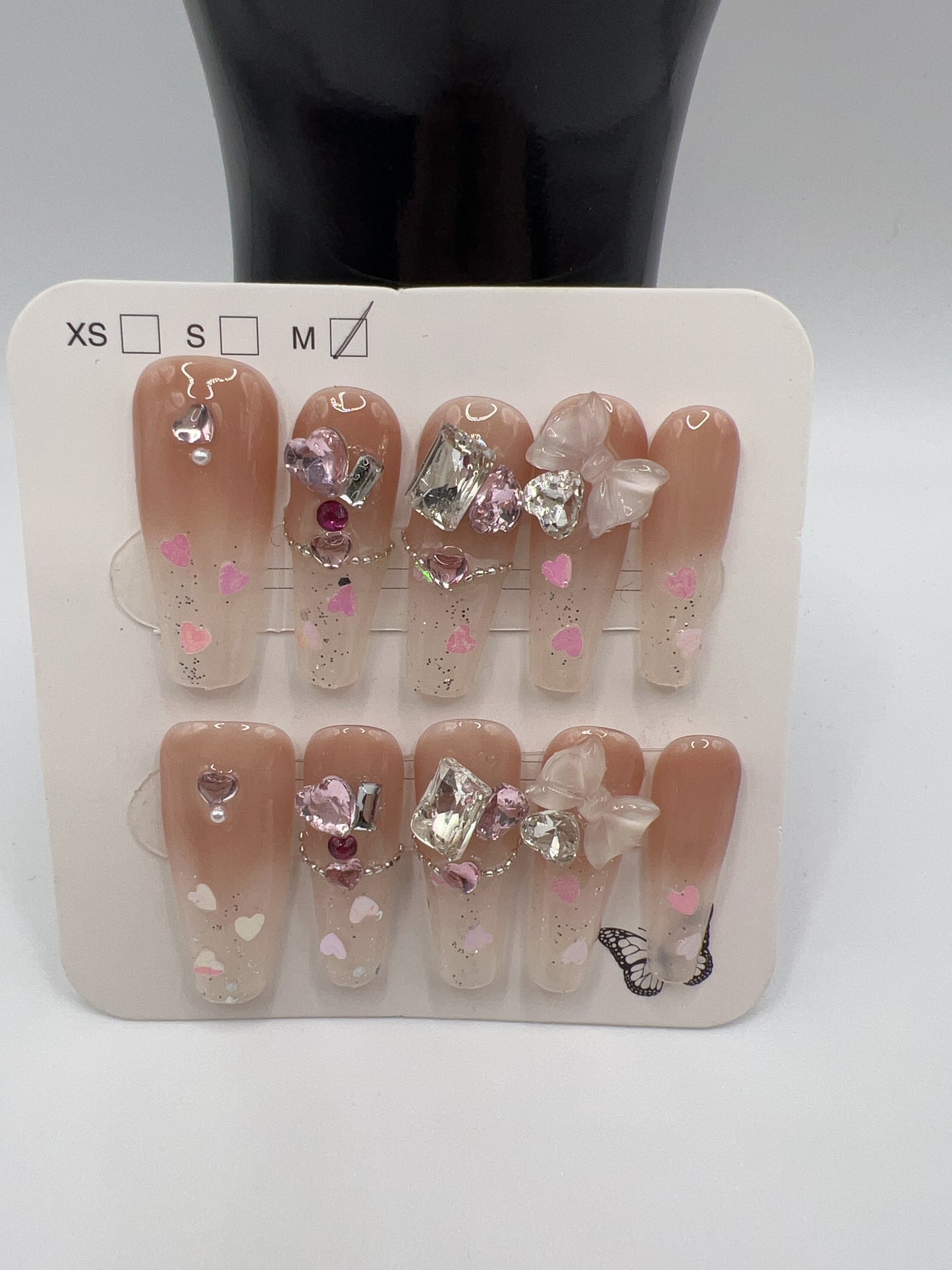 Long Coffin Press-On Nails with Rhinestone & Charms ā 9 Designs, Medium Size