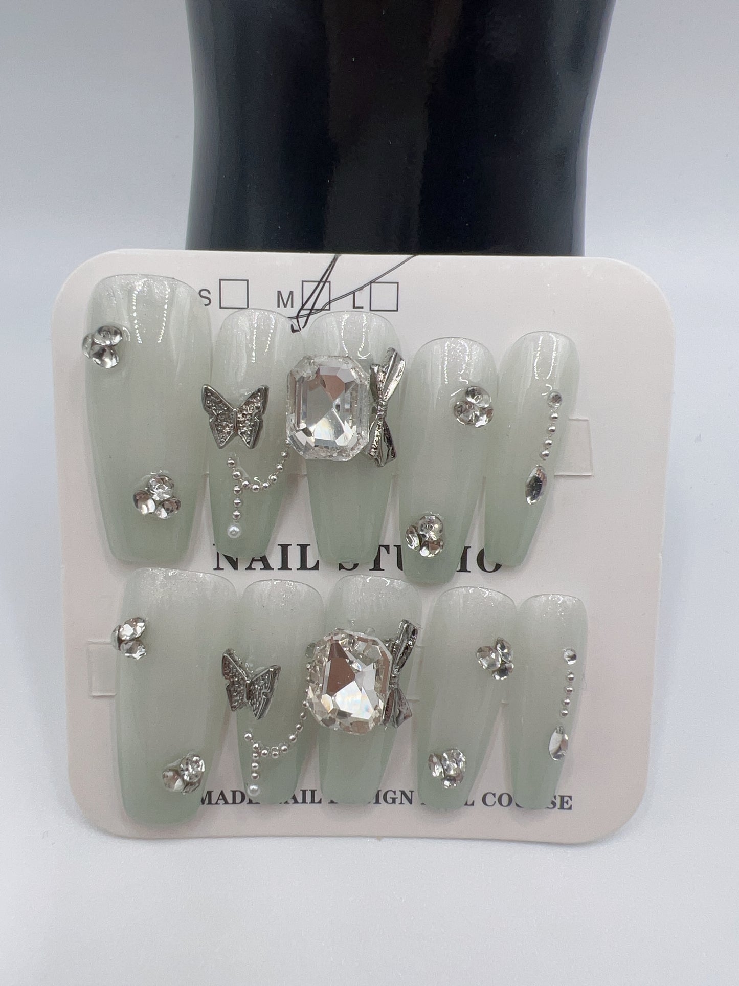 Long Coffin Press On Nails with Rhinestone Charms – 10 Designs, Medium Size