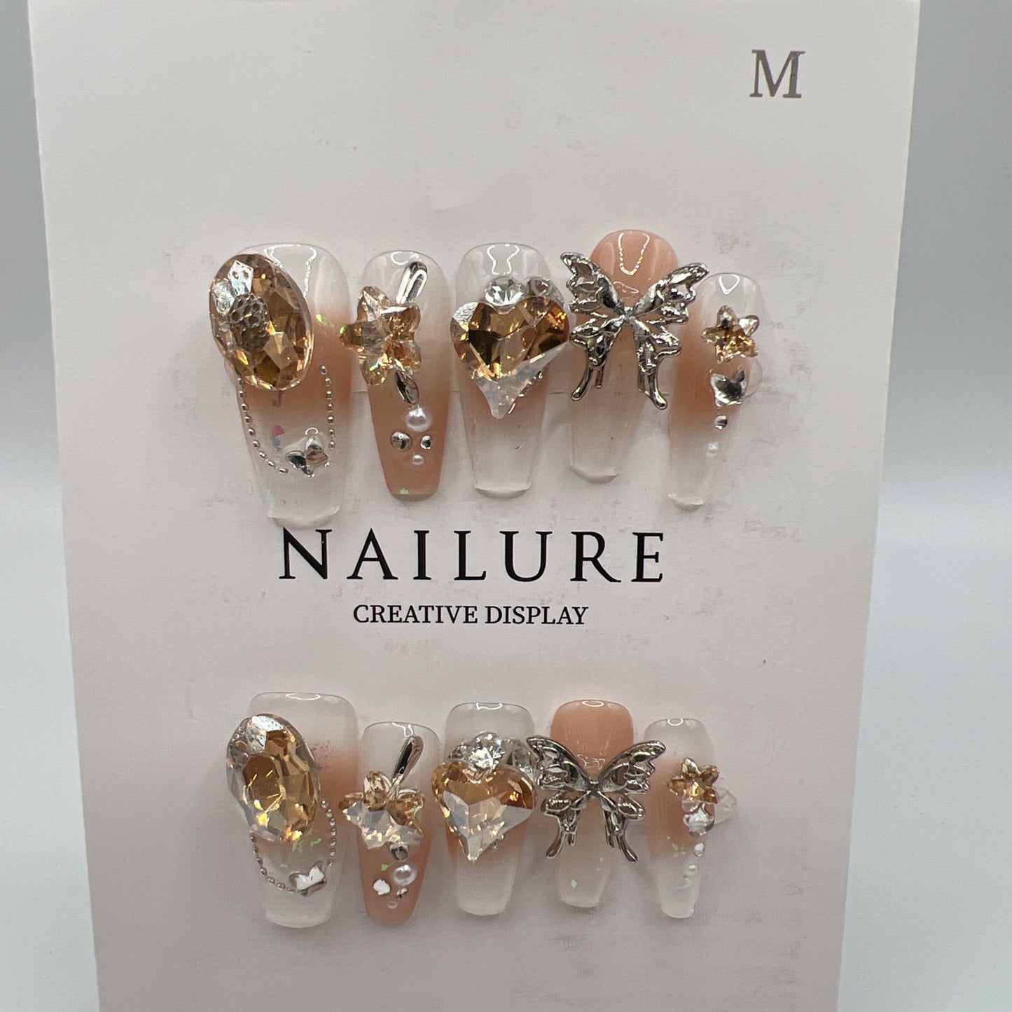 Long Coffin Press On Nails with Rhinestone Charms – 10 Designs, Medium Size