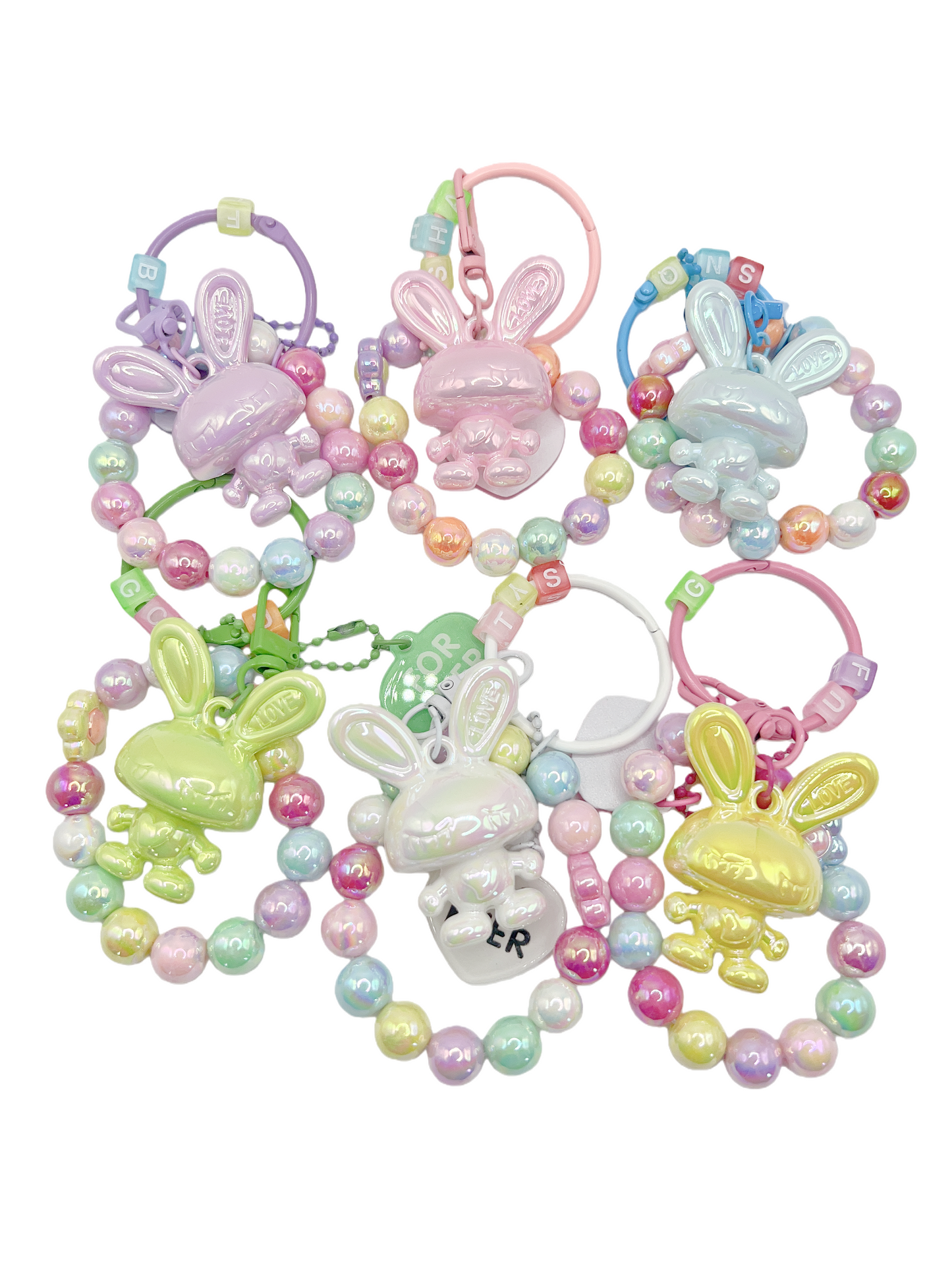 Bright Lacquered Shine Bunny Keychain with Bead Bracelets & Forever Heart Charm β Detachable Cute Bag Chain Accessory, 6 Colors