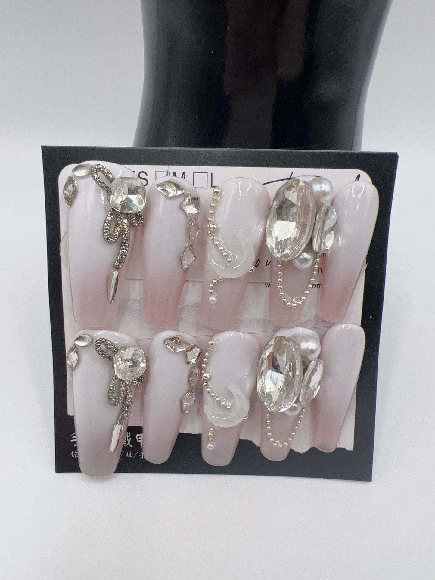 Long Coffin Press On Nails with Rhinestone Charms – 10 Designs, Medium Size