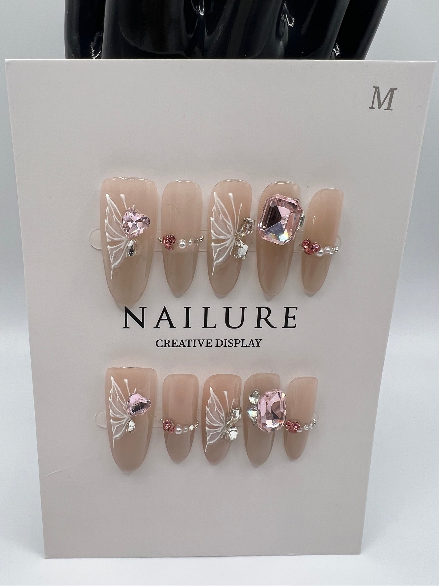 Long Oval Press On Nails with Rhinestone Charms β Glam Fake Nails, Medium Size, 10 Designs