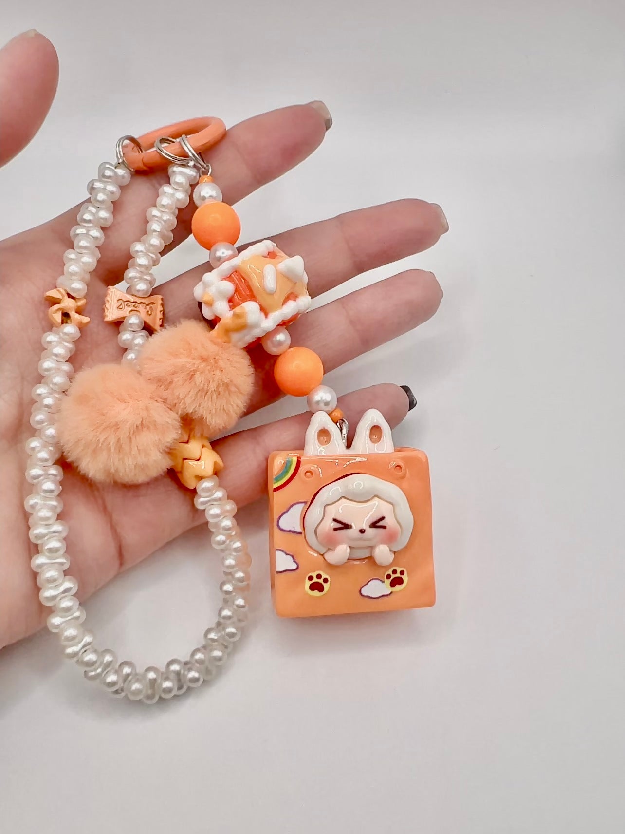 Handmade Kawaii Keychain: Cartoon Pendant & Pom Pom Bag Charm