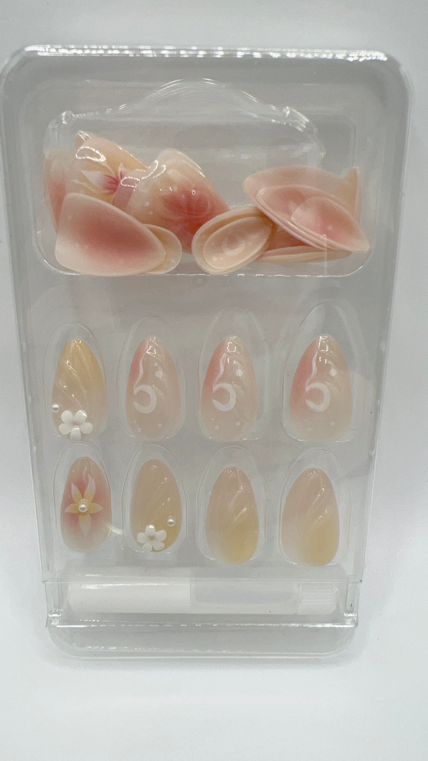 24 pcs Almond Press-On Nails β Flower & Pearl, Yellow and Pink Gradient, Elegant Style