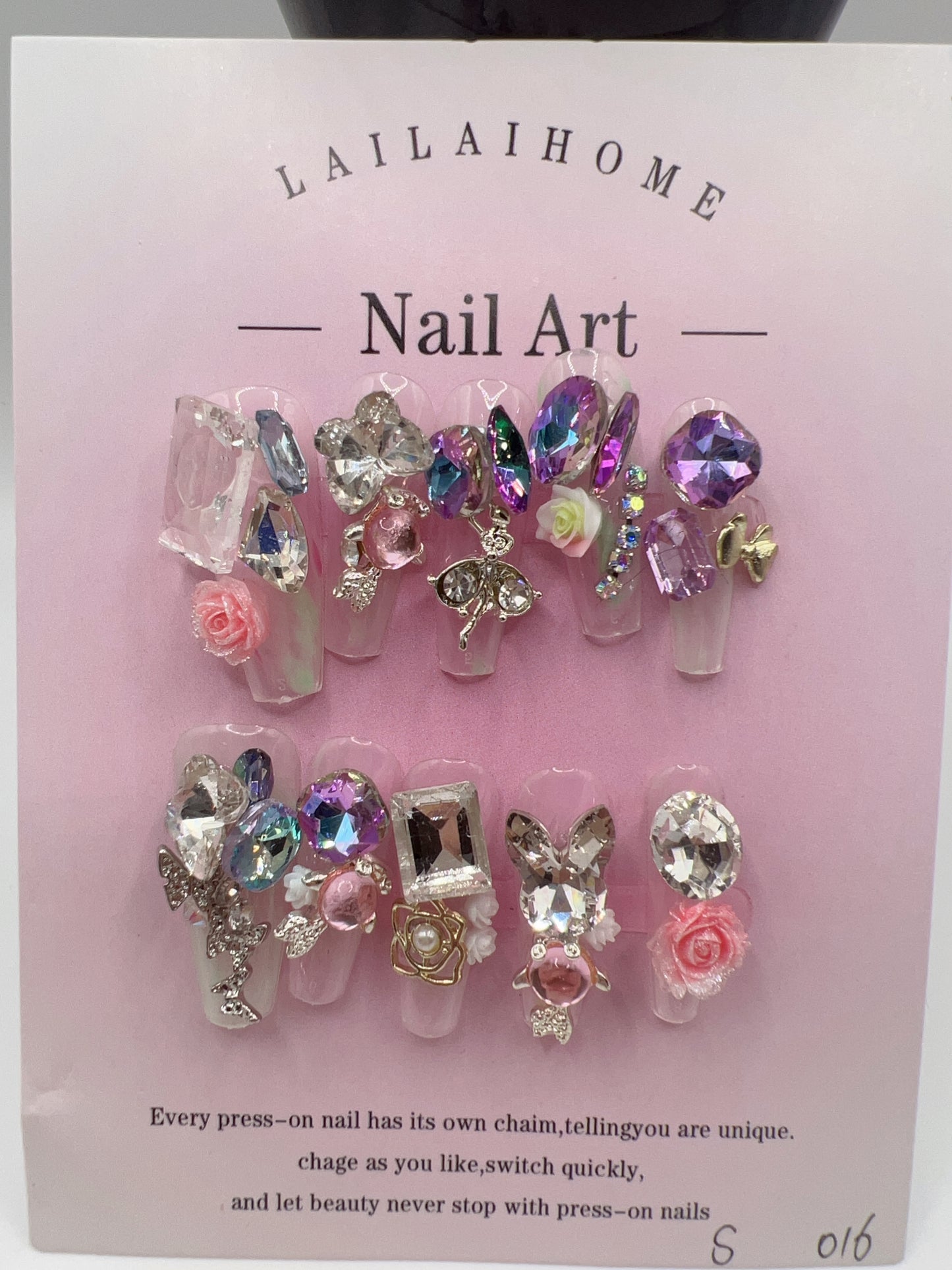 Long Coffin Press-On Nails with Heavy Rhinestones & 2D Flower Charms ā 10 Designs, Small Size