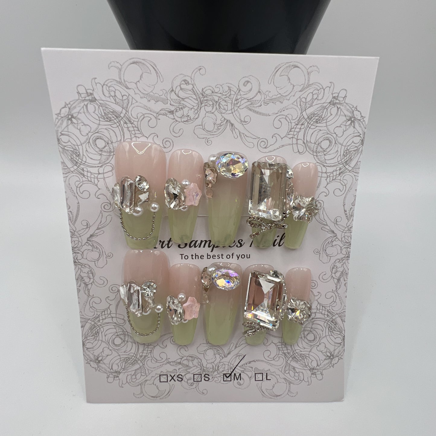 Long Coffin Press On Nails with Rhinestone Charms – 10 Designs, Medium Size