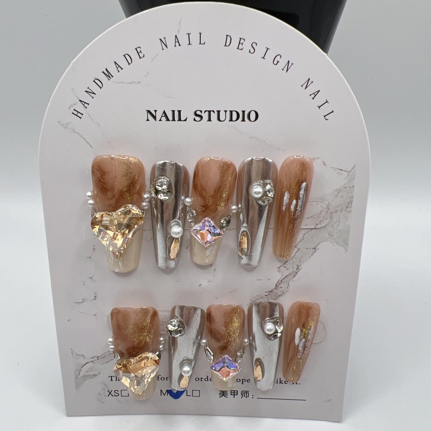 Long Coffin Press On Nails with Rhinestone Charms – 10 Designs, Medium Size