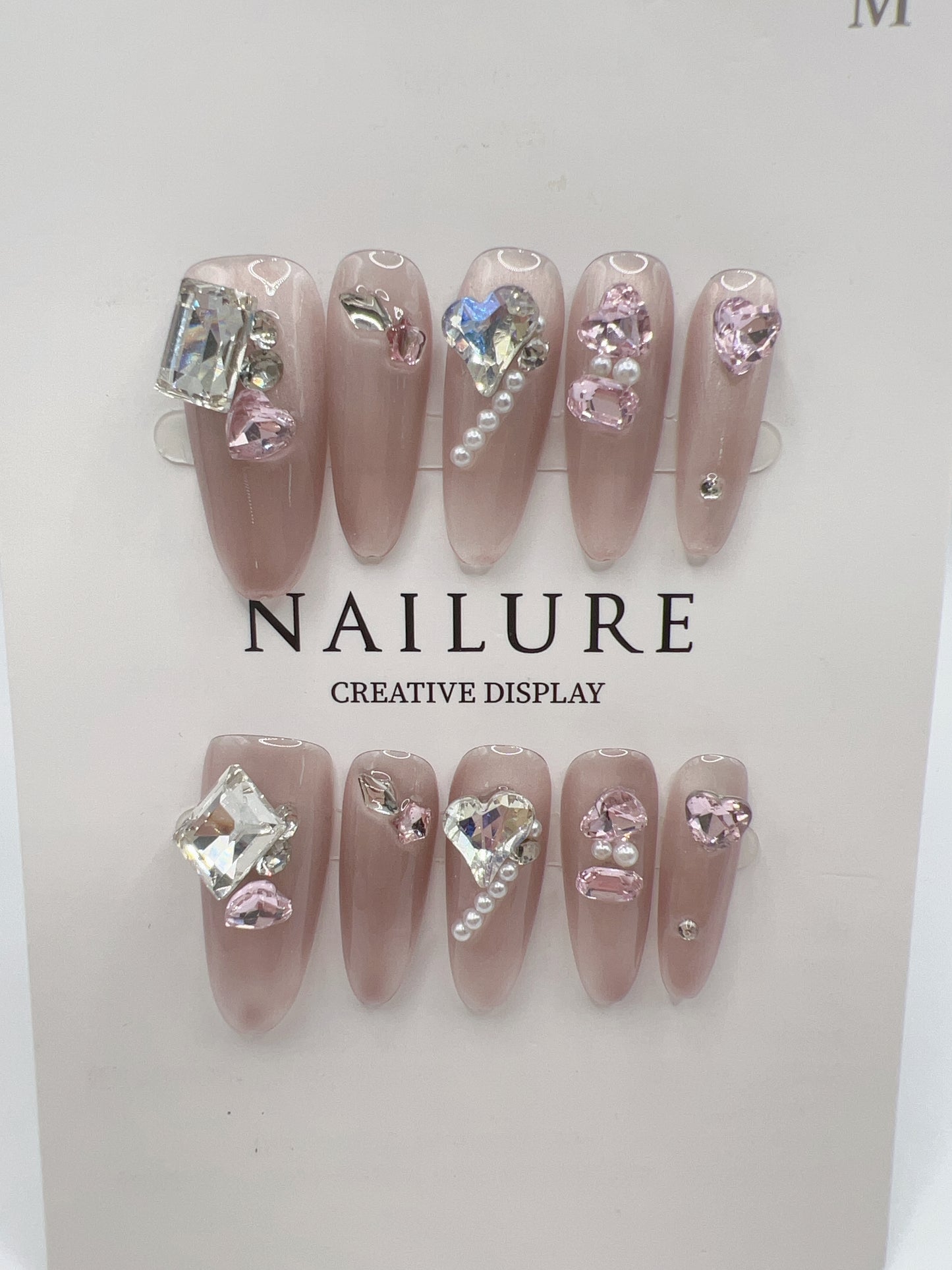Long Oval Press On Nails with Rhinestone & Charms β Medium Size, 10 Designs