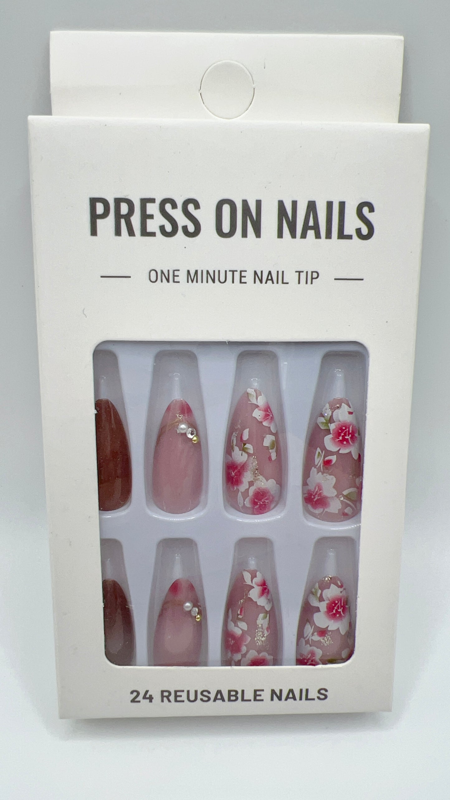 24 pcs Almond Press-On Nails β Flower, Pink, Fashionable Style