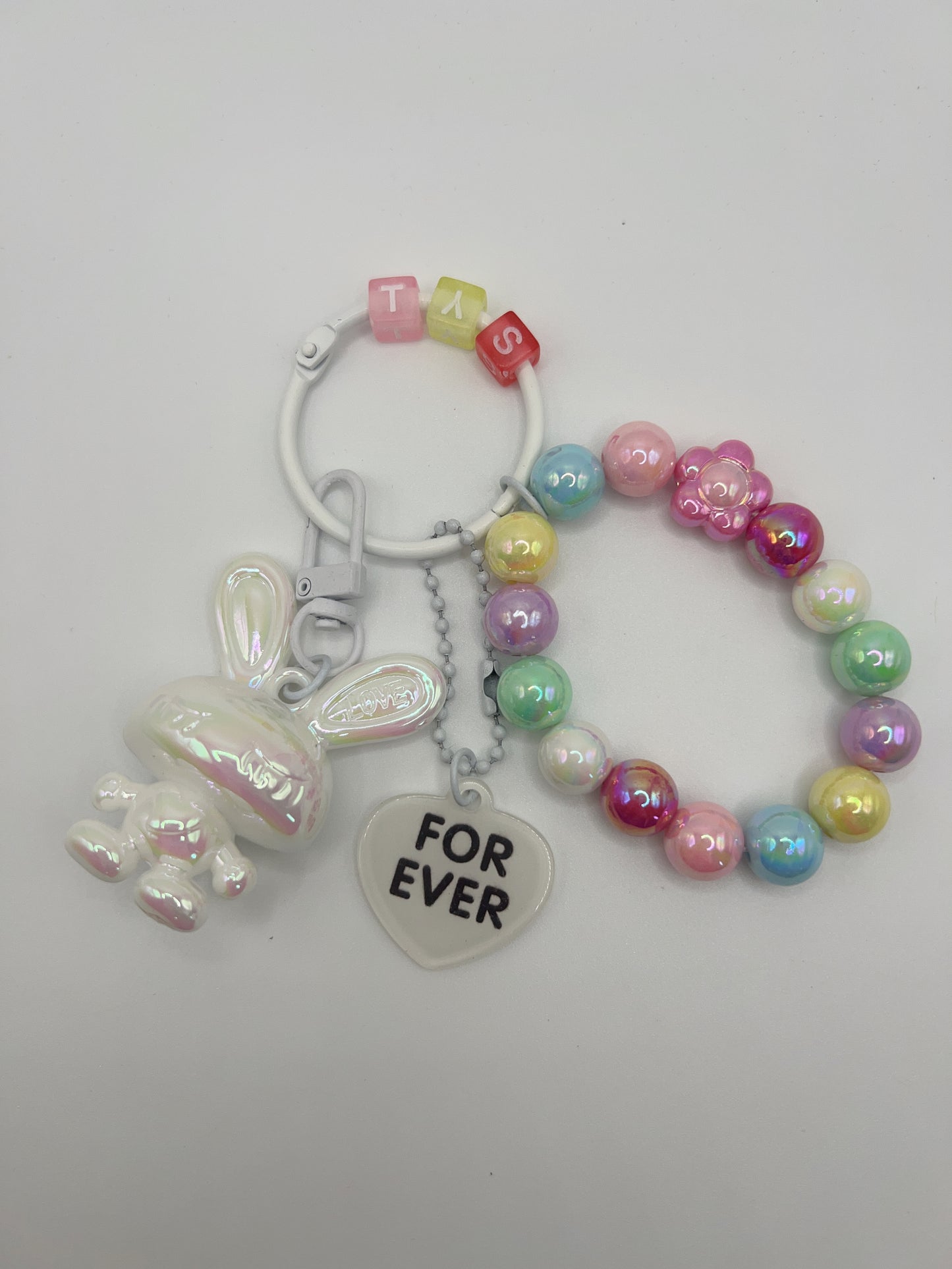 Bright Lacquered Shine Bunny Keychain with Bead Bracelets & Forever Heart Charm β Detachable Cute Bag Chain Accessory, 6 Colors