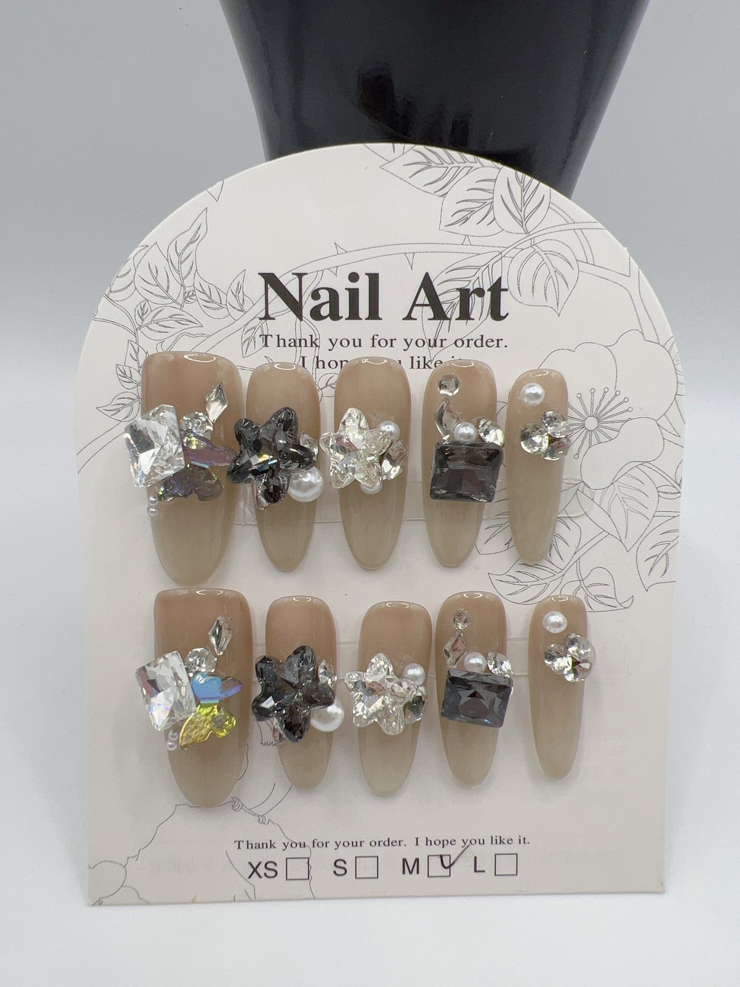Long Oval Press On Nails with Rhinestone & Charms β Medium Size, 10 Designs