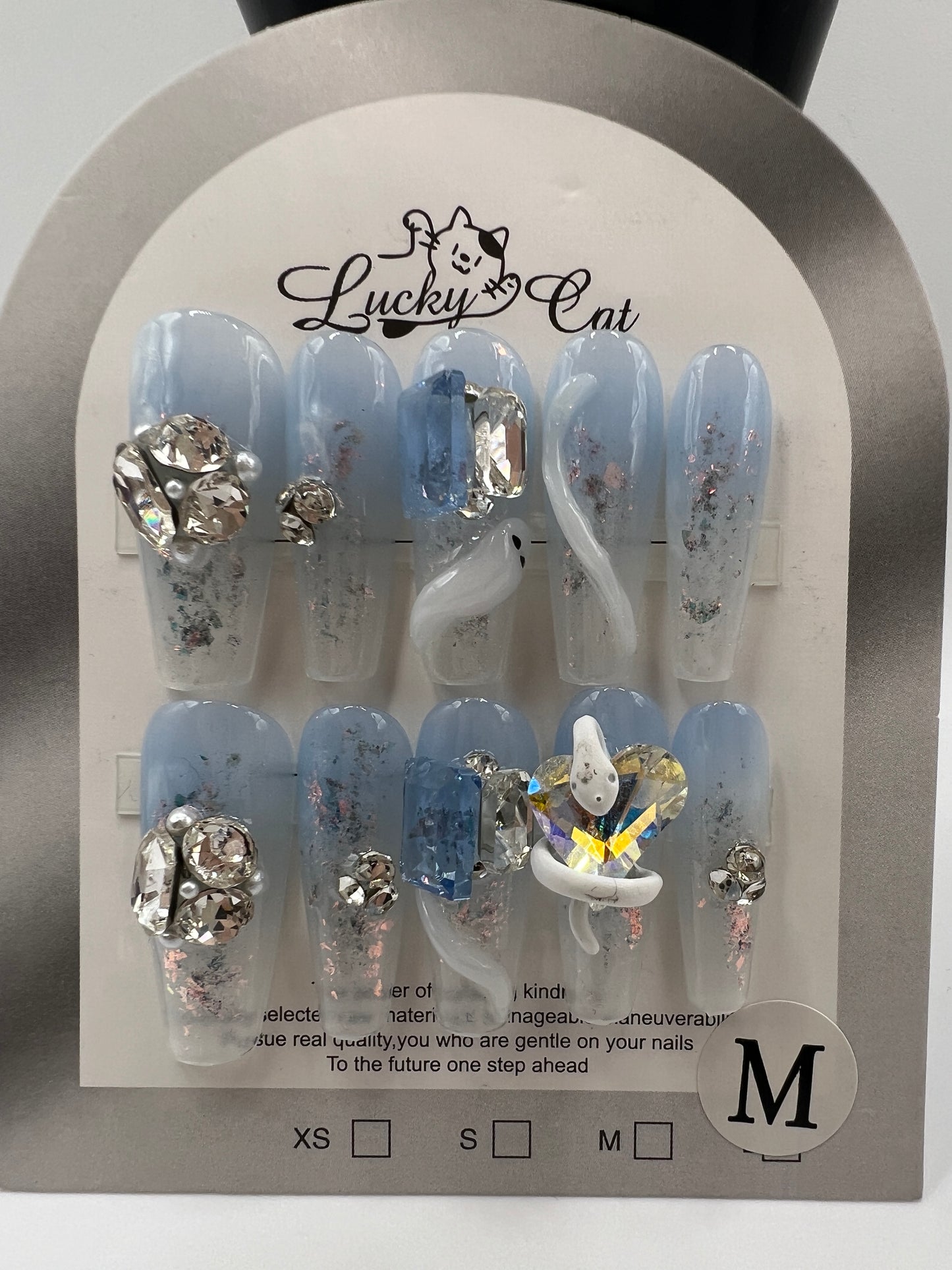 Long Coffin Press On Nails with Rhinestone Charms – 10 Designs, Medium Size