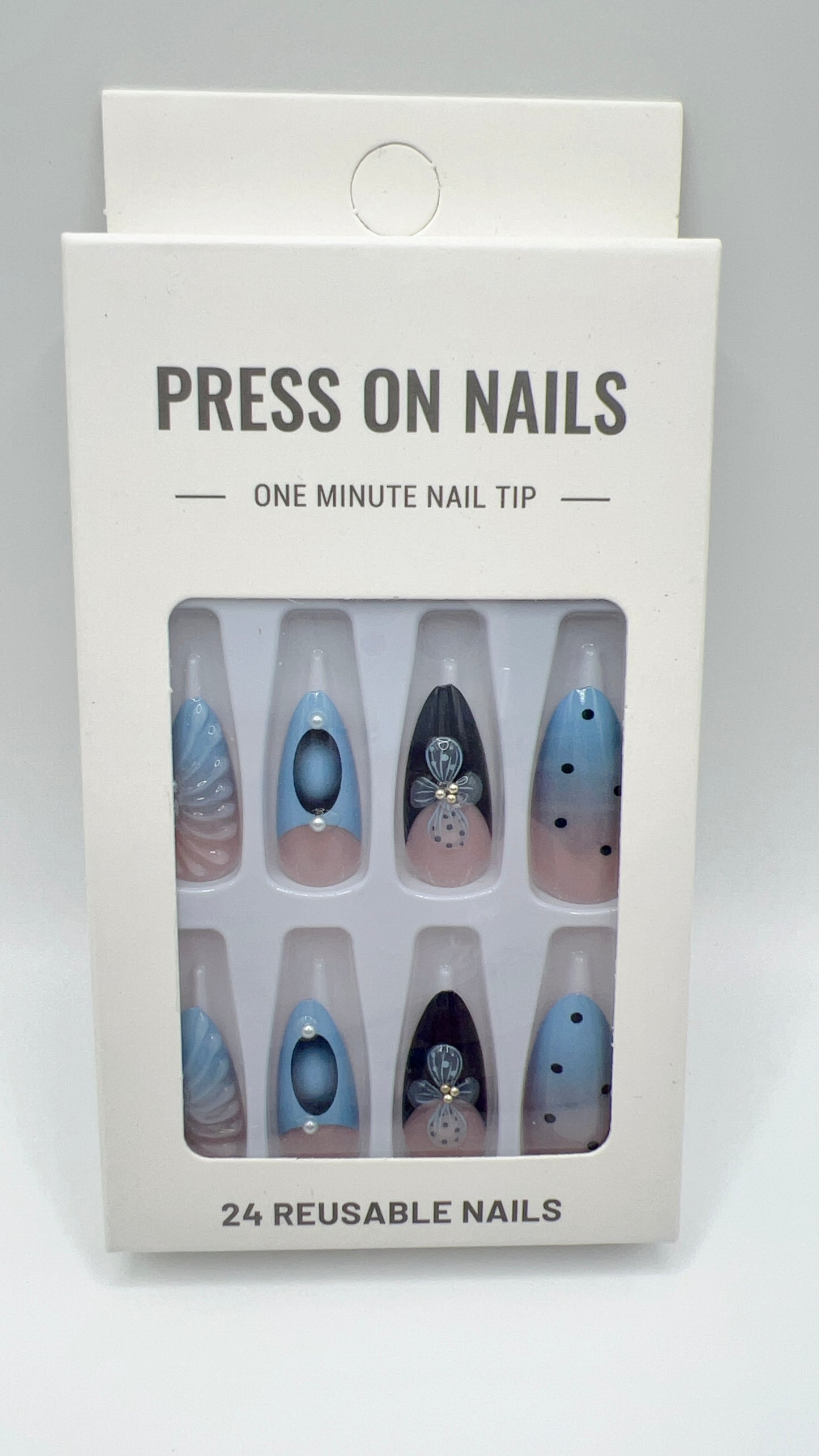 24pcs Almond Press On Nails Blue Gradient French Tip with Flower Fit All Sizes