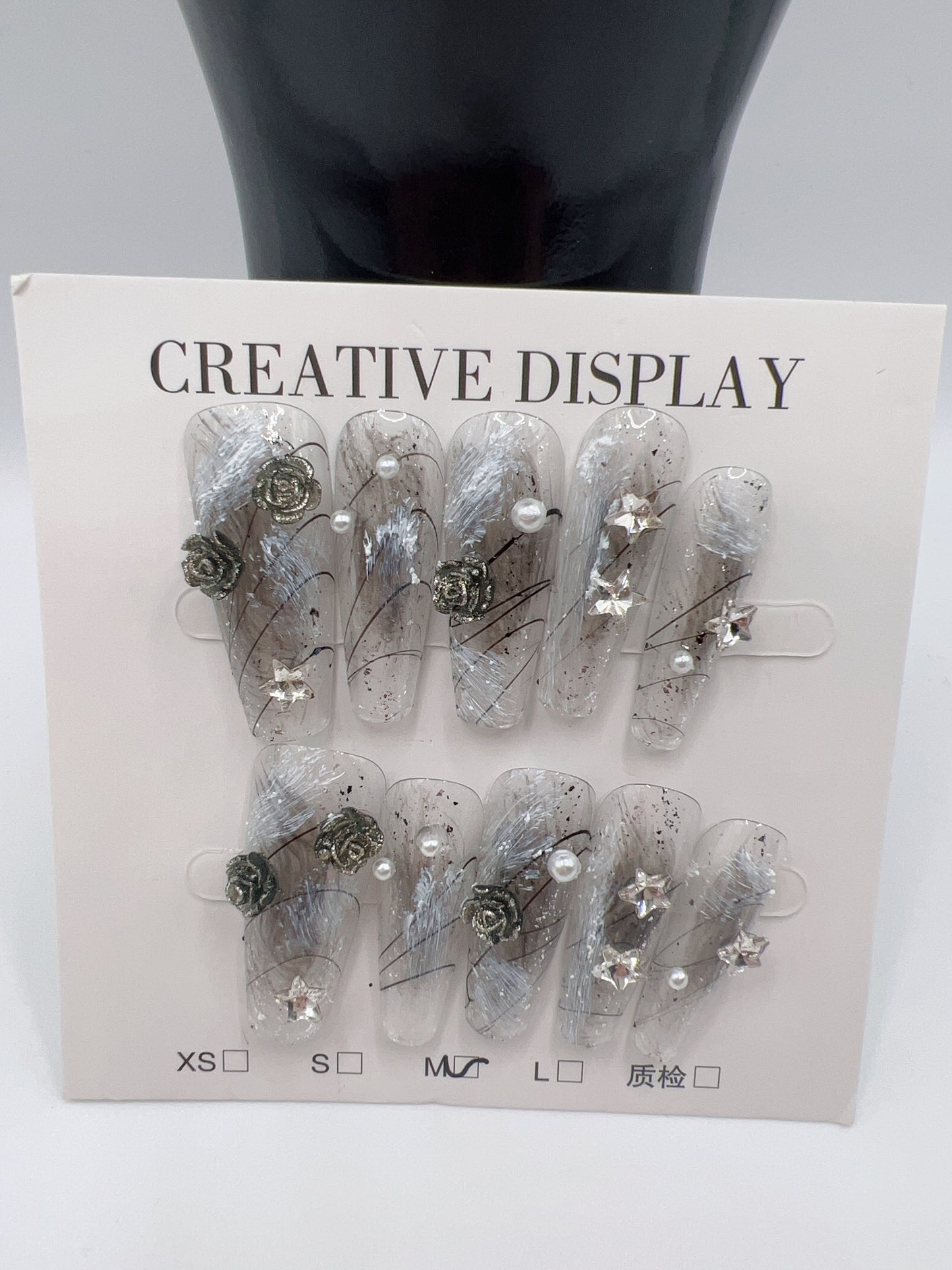 Long Coffin Press On Nails with Rhinestone Charms – 10 Designs, Medium Size