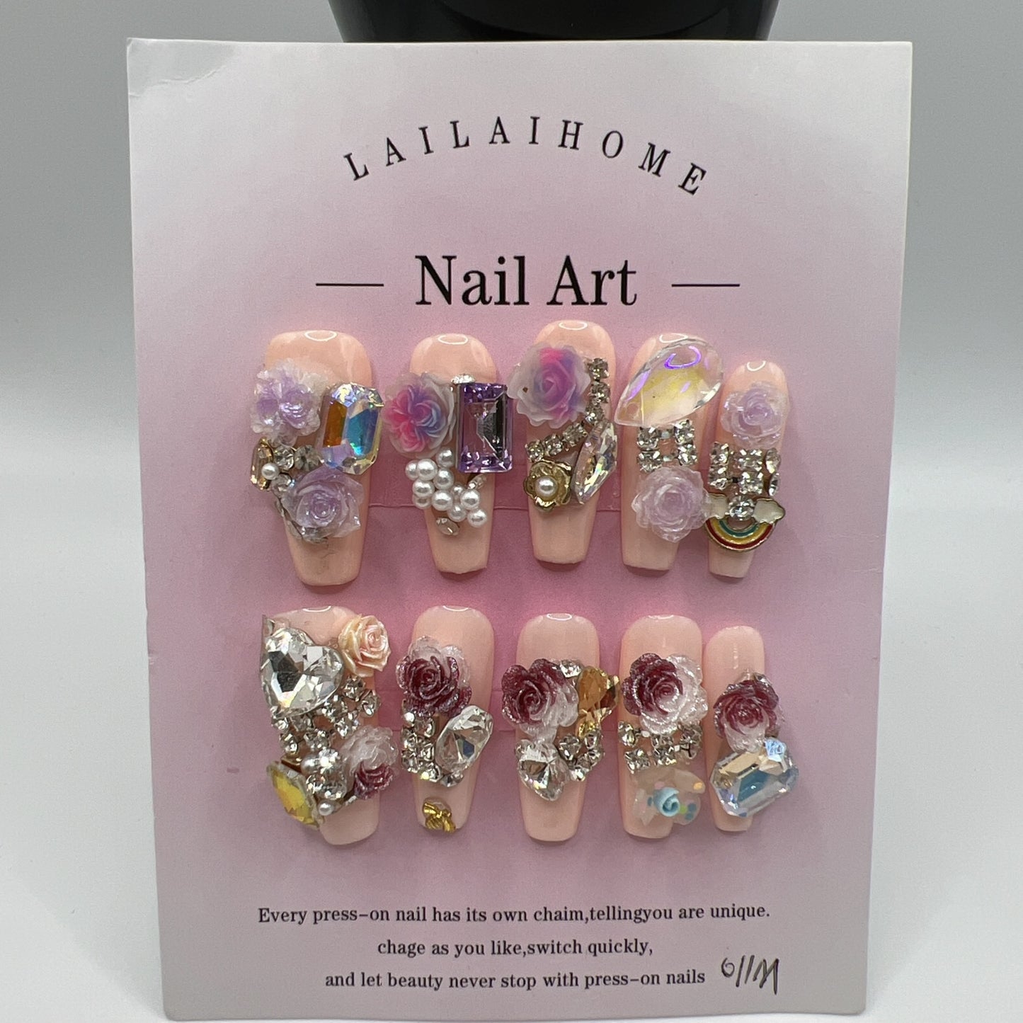 Long Coffin Press On Nails with Heavy Rhinestone & 2D Flower Charms ā 10 Designs, Medium Size
