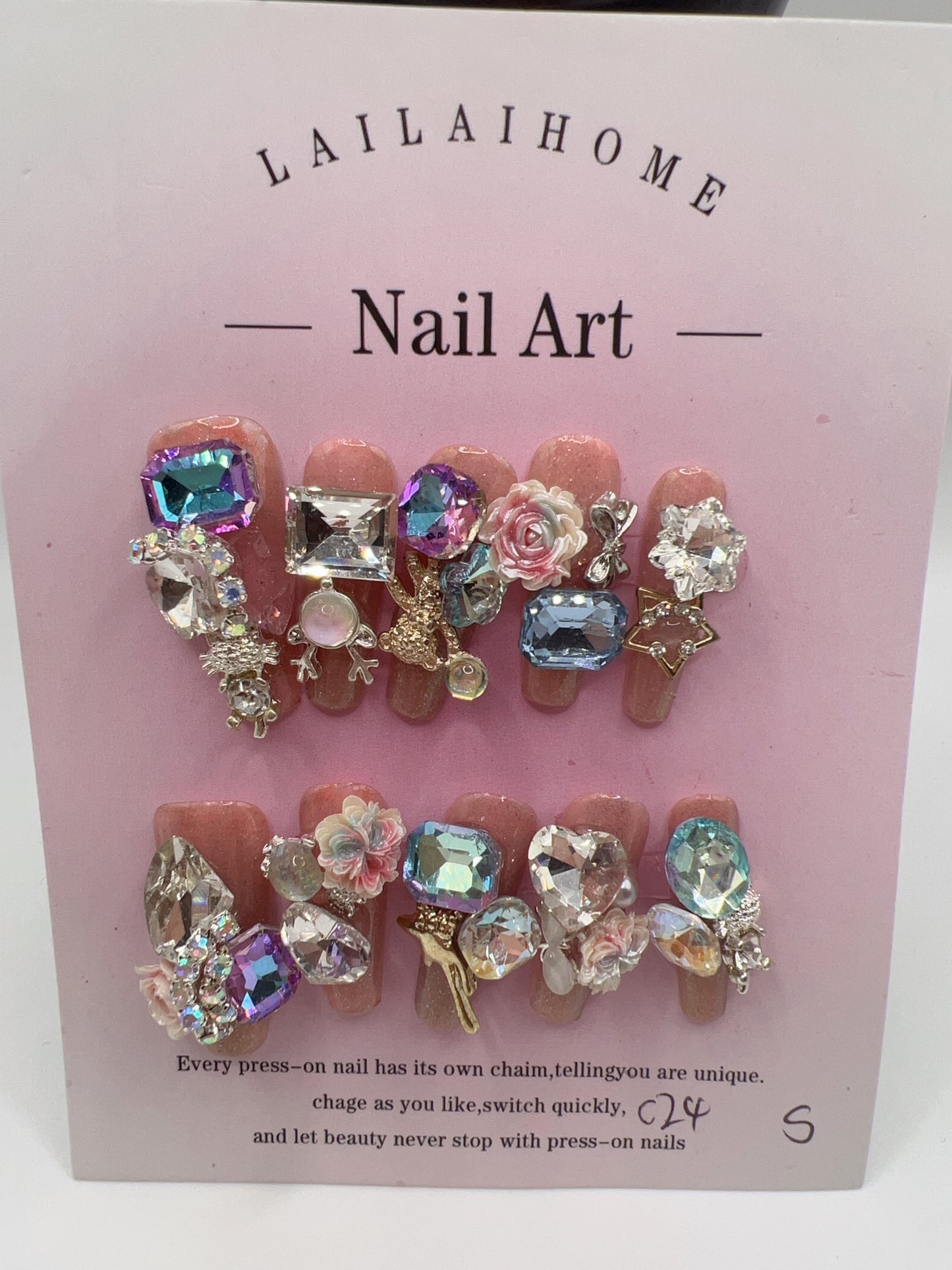 Long Coffin Press-On Nails with Heavy Rhinestones & 2D Flower Charms ā 10 Designs, Small Size