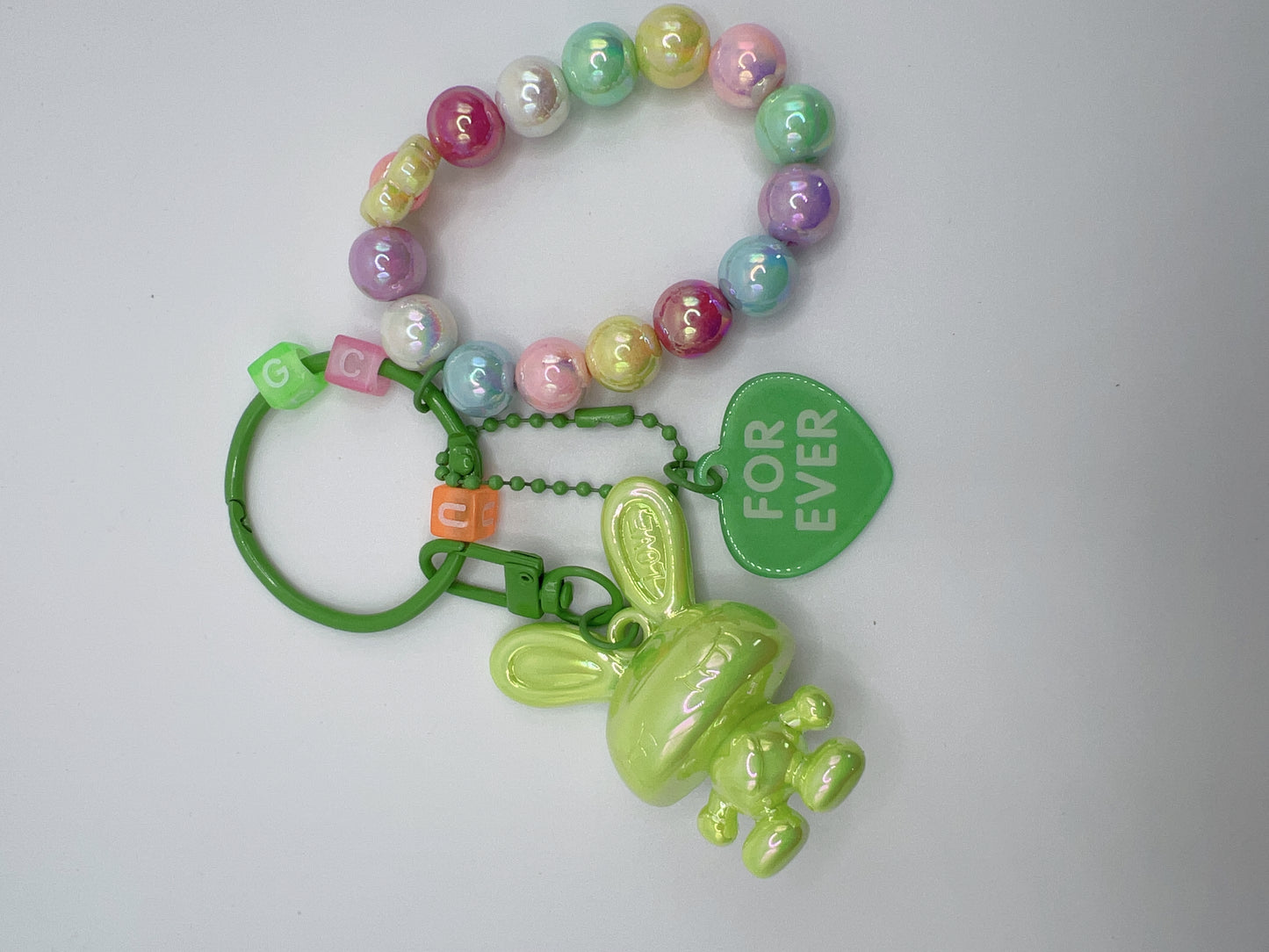 Bright Lacquered Shine Bunny Keychain with Bead Bracelets & Forever Heart Charm β Detachable Cute Bag Chain Accessory, 6 Colors