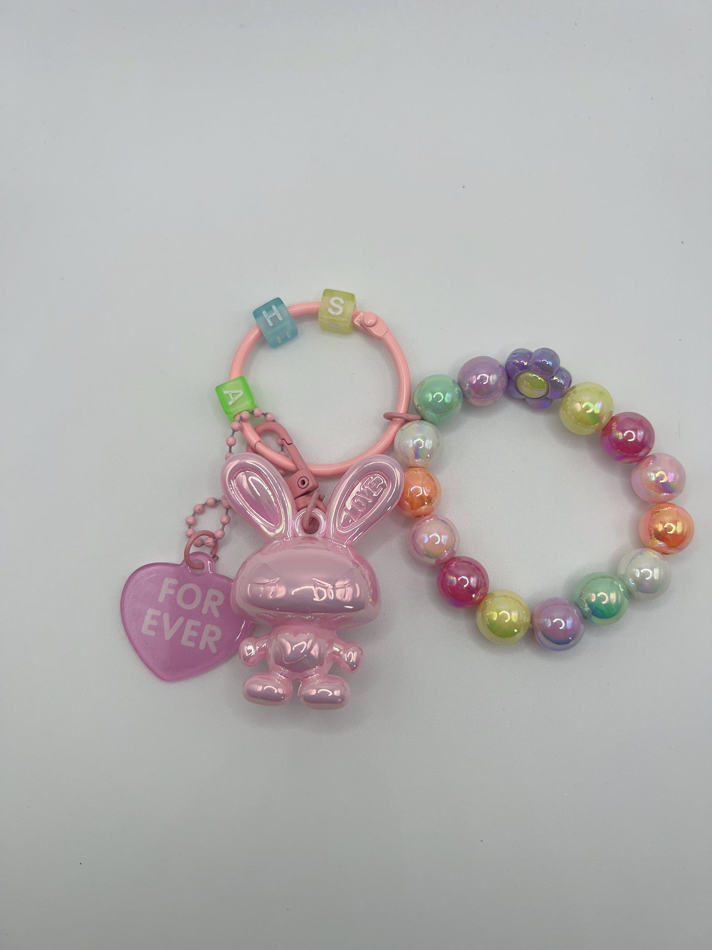 Bright Lacquered Shine Bunny Keychain with Bead Bracelets & Forever Heart Charm β Detachable Cute Bag Chain Accessory, 6 Colors