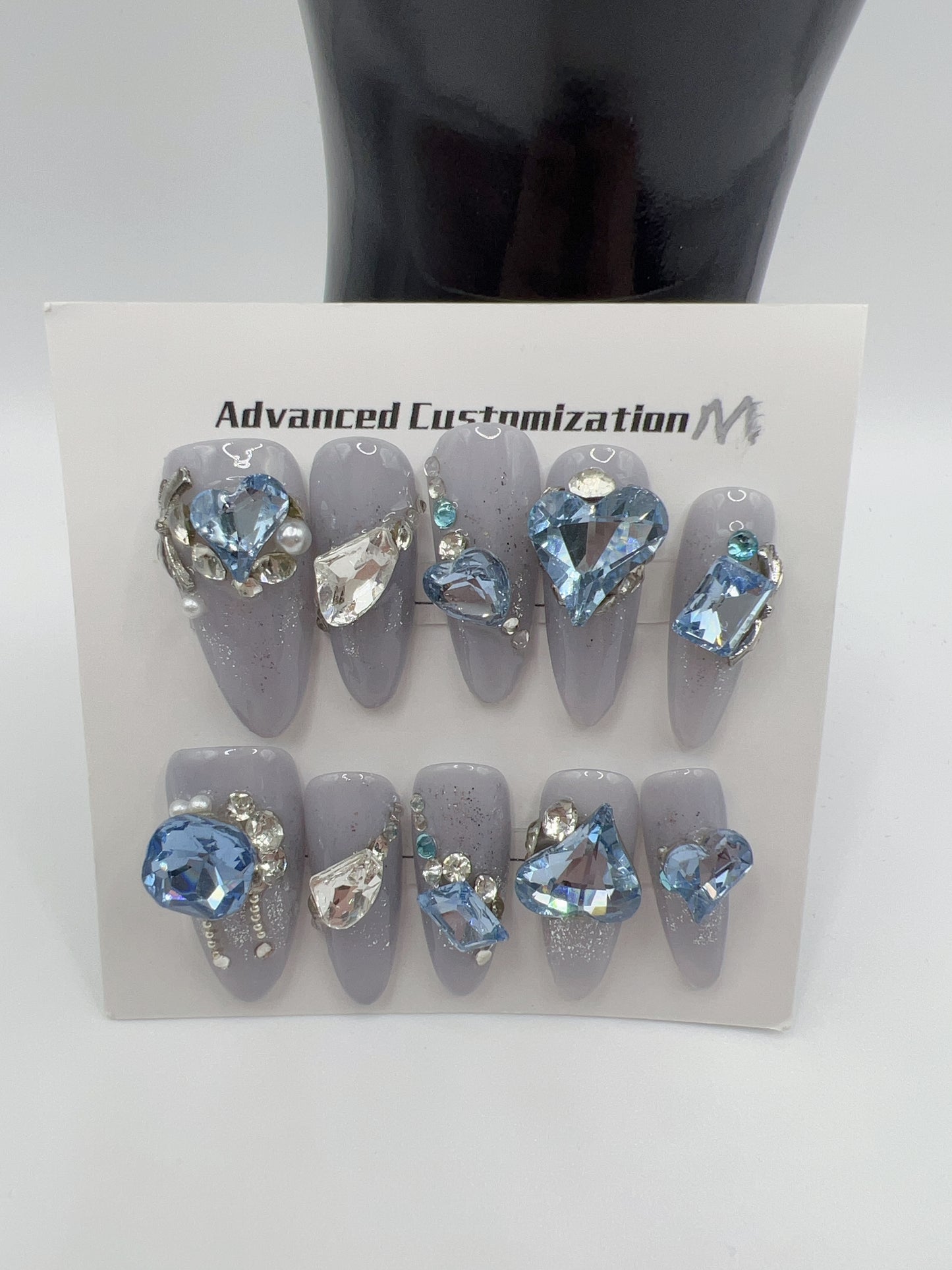 Long Oval Press On Nails with Rhinestone & Charms β Medium Size, 10 Designs
