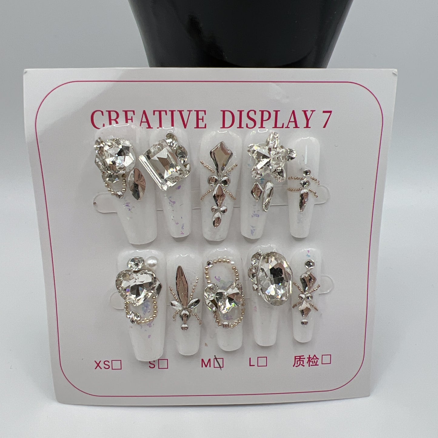 Long Coffin Press On Nails with Rhinestone Charms – 10 Designs, Medium Size