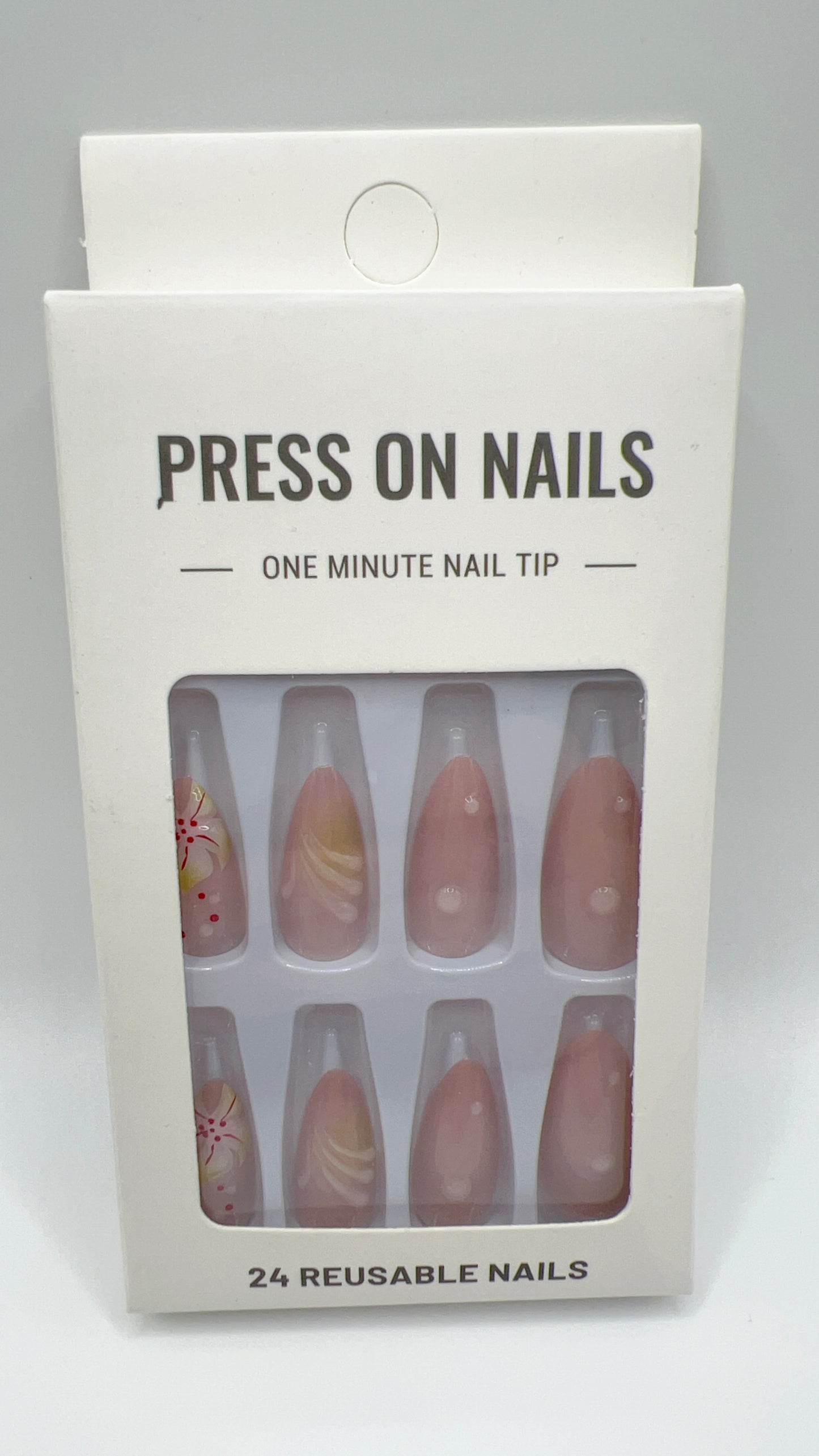 24pcs Almond Press On Nails Flower Skin Color Fit All Sizes Elegant