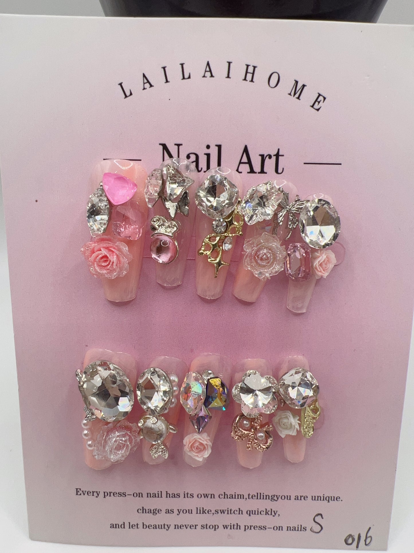 Long Coffin Press-On Nails with Heavy Rhinestones & 2D Flower Charms ā 10 Designs, Small Size