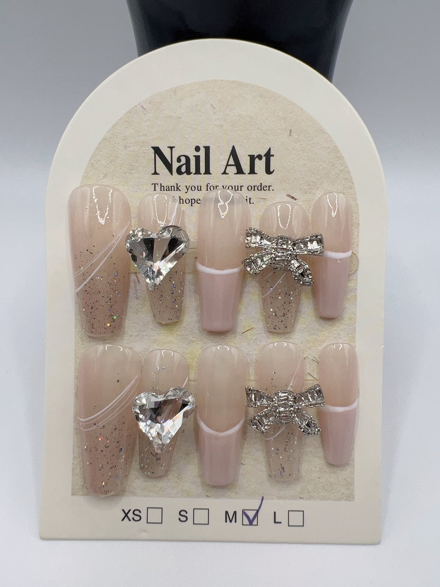 Long Coffin Press On Nails with Rhinestone Charms – 10 Designs, Medium Size