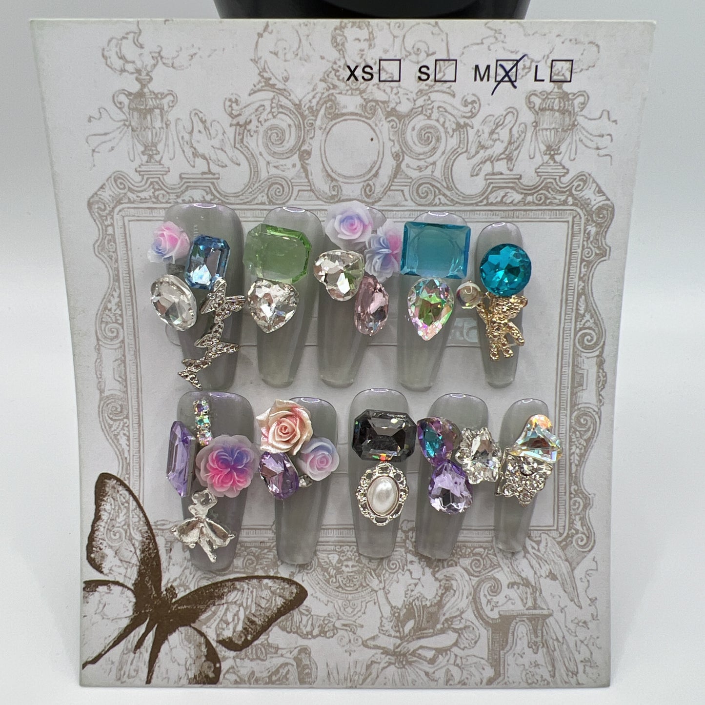 Long Coffin Press On Nails with Heavy Rhinestone & 2D Flower Charms ā 10 Designs, Medium Size