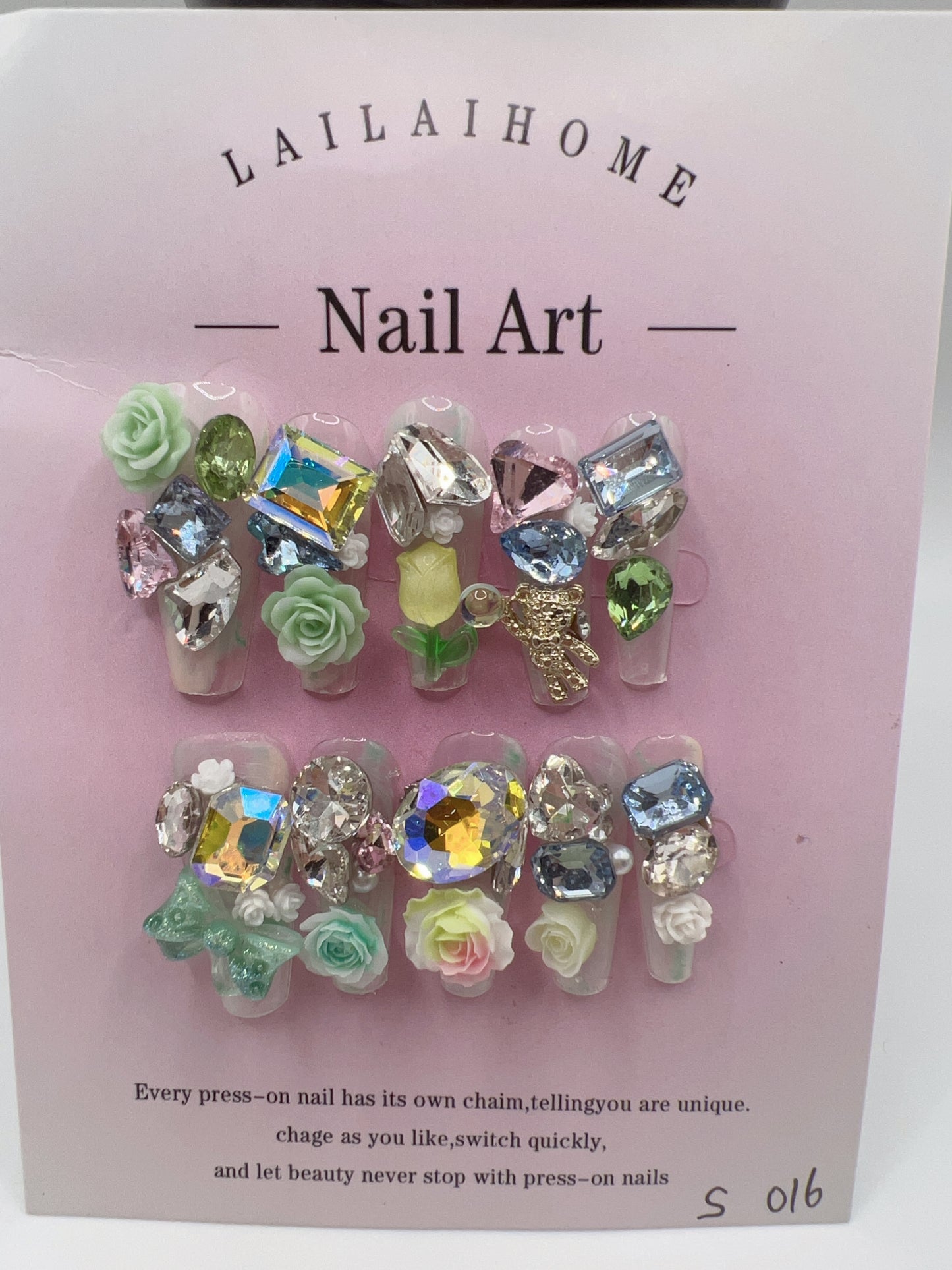 Long Coffin Press-On Nails with Heavy Rhinestones & 2D Flower Charms ā 10 Designs, Small Size