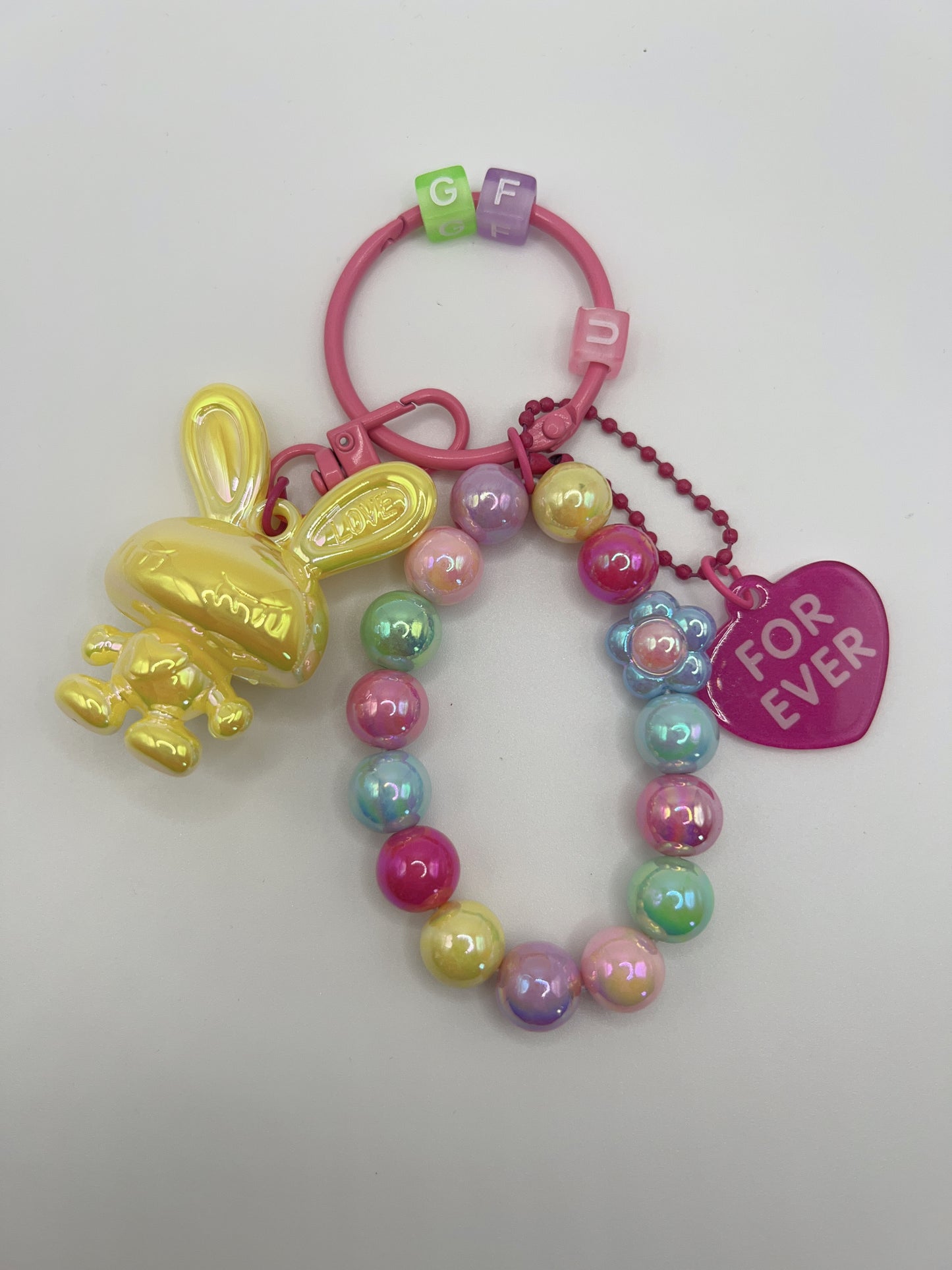 Bright Lacquered Shine Bunny Keychain with Bead Bracelets & Forever Heart Charm β Detachable Cute Bag Chain Accessory, 6 Colors