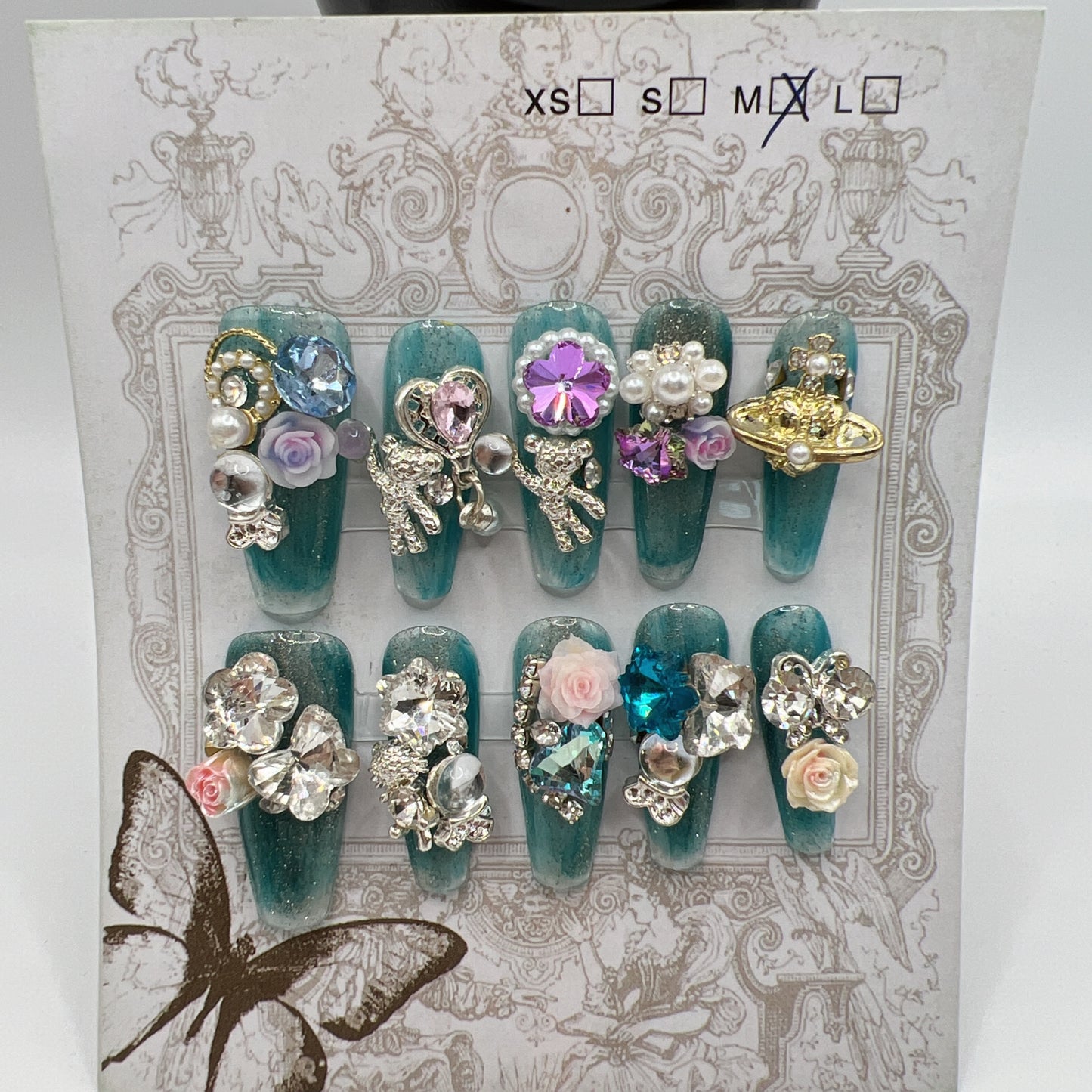 Long Coffin Press On Nails with Heavy Rhinestone & 2D Flower Charms ā 10 Designs, Medium Size