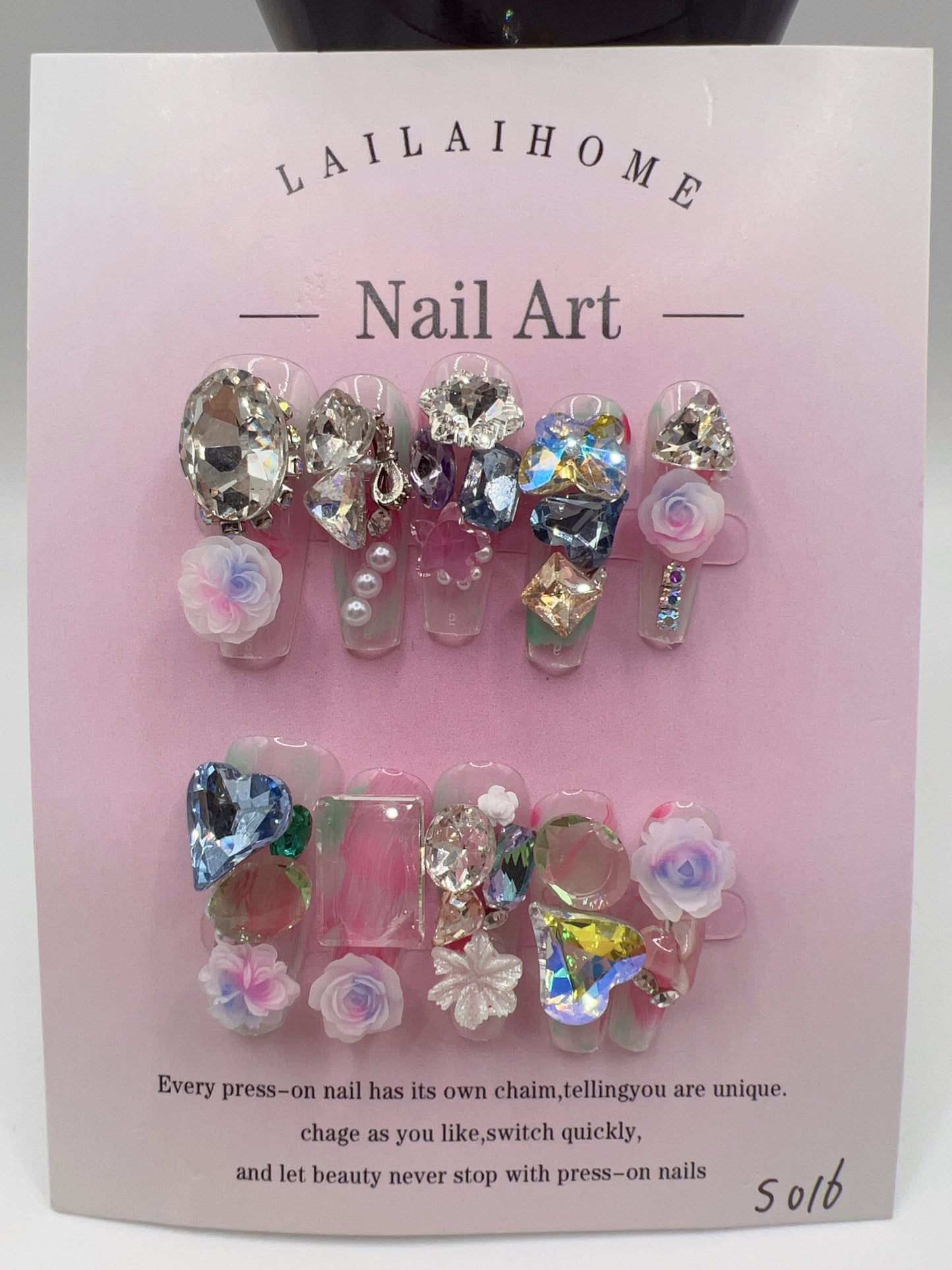 Long Coffin Press-On Nails with Heavy Rhinestones & 2D Flower Charms ā 10 Designs, Small Size