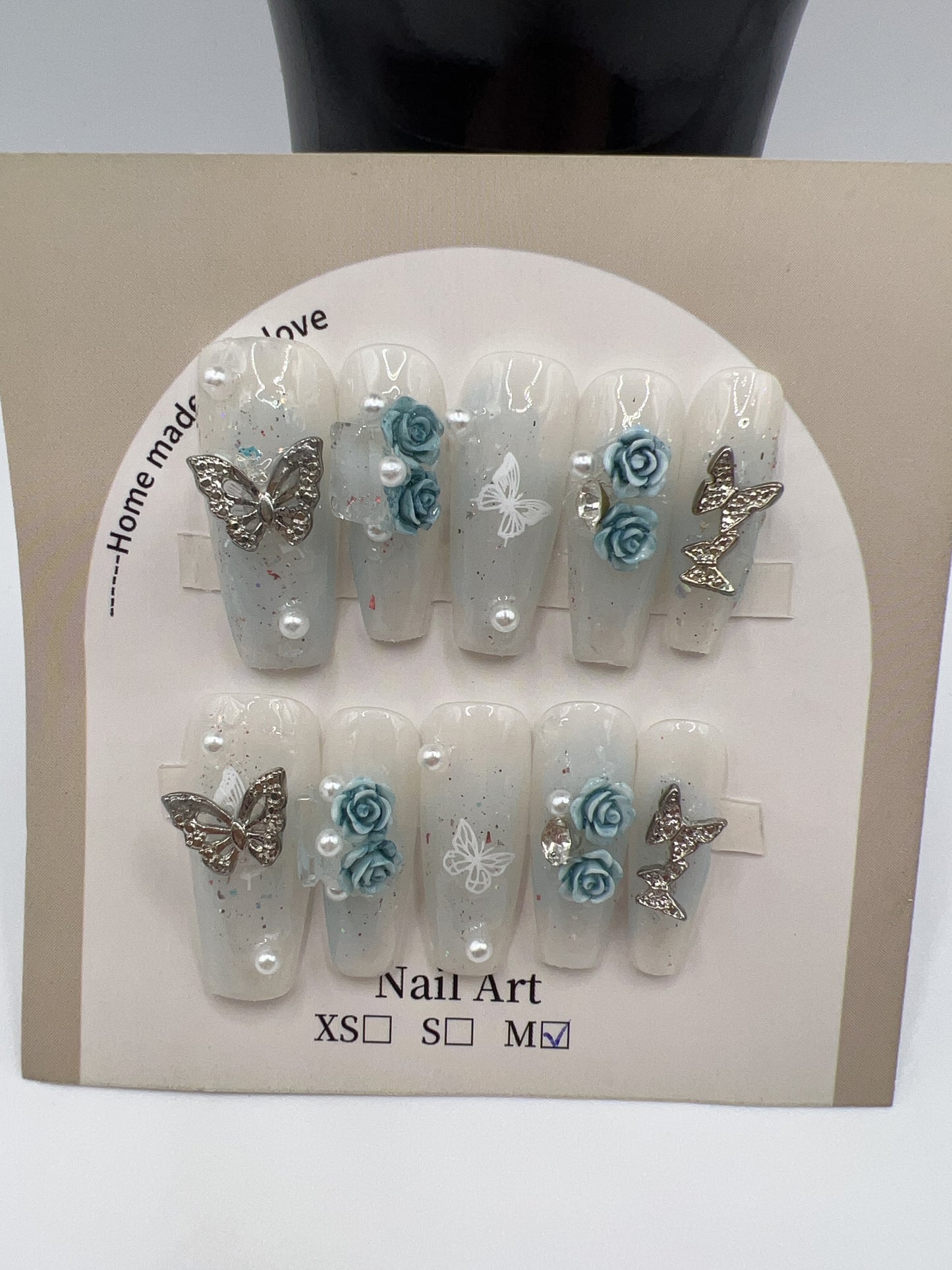 Long Coffin Press-On Nails with Rhinestone & Charms ā 9 Designs, Medium Size