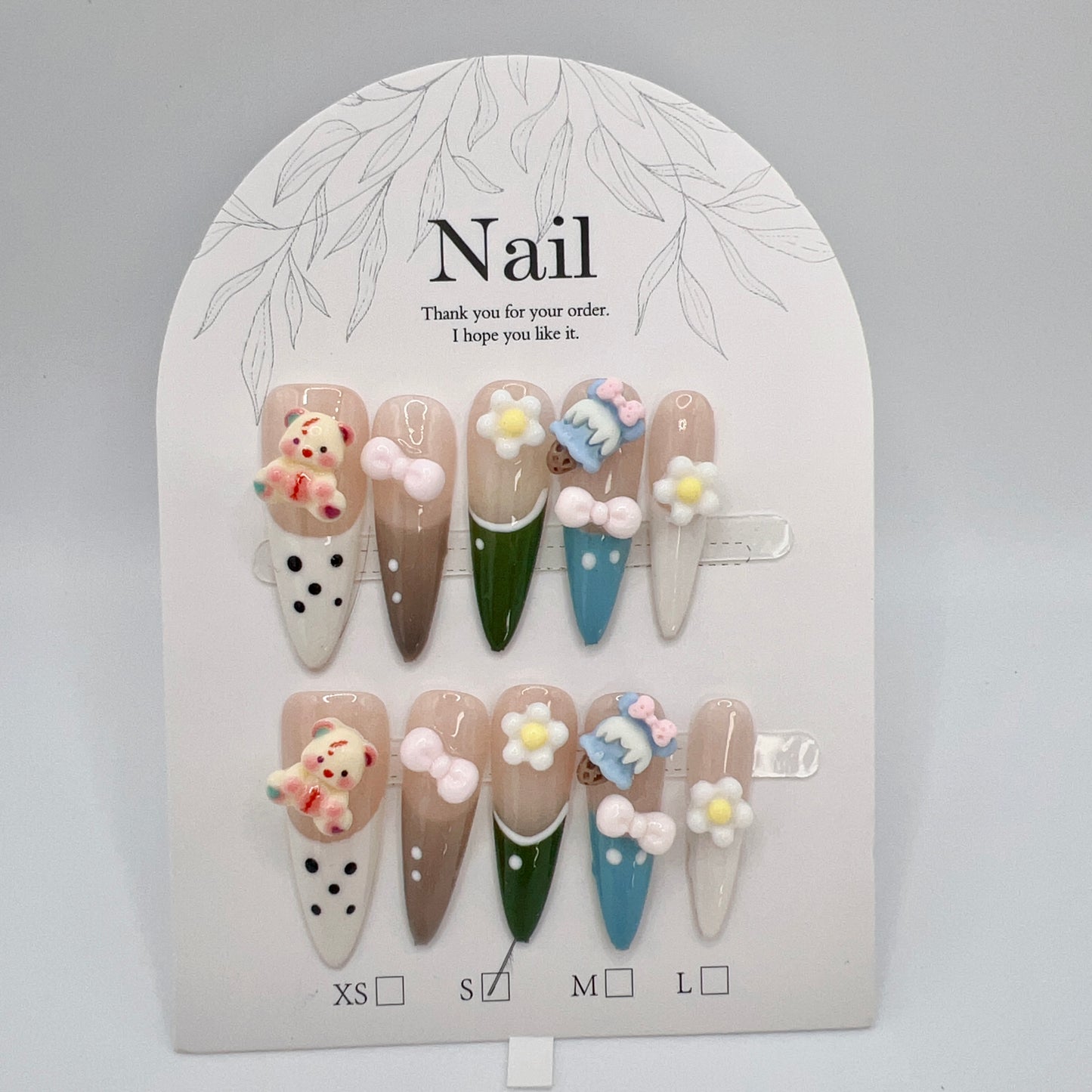 French Tip Long Stiletto Press On Nails with Cartoon Charms β Small Size