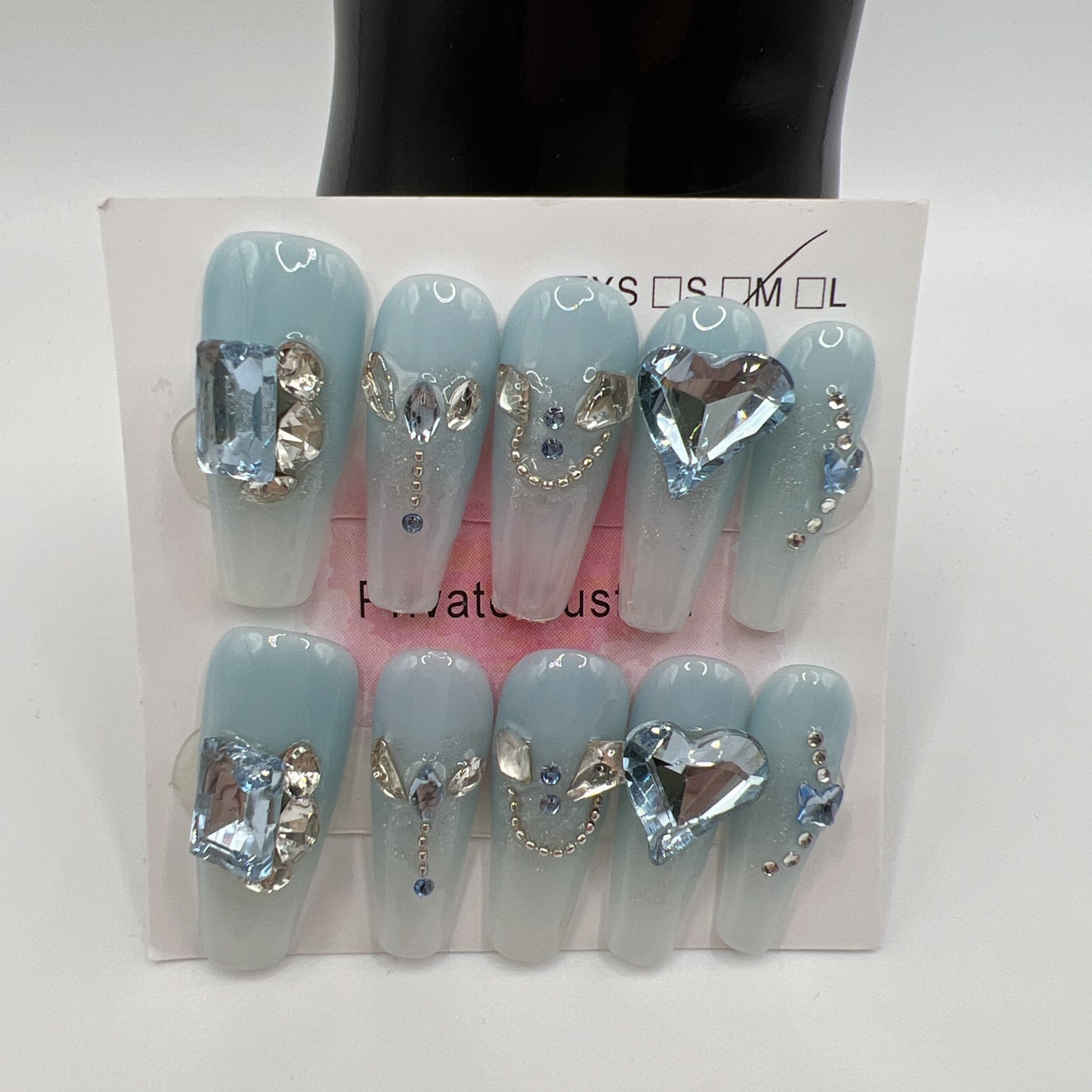 Long Coffin Press On Nails with Rhinestone Charms – 10 Designs, Medium Size
