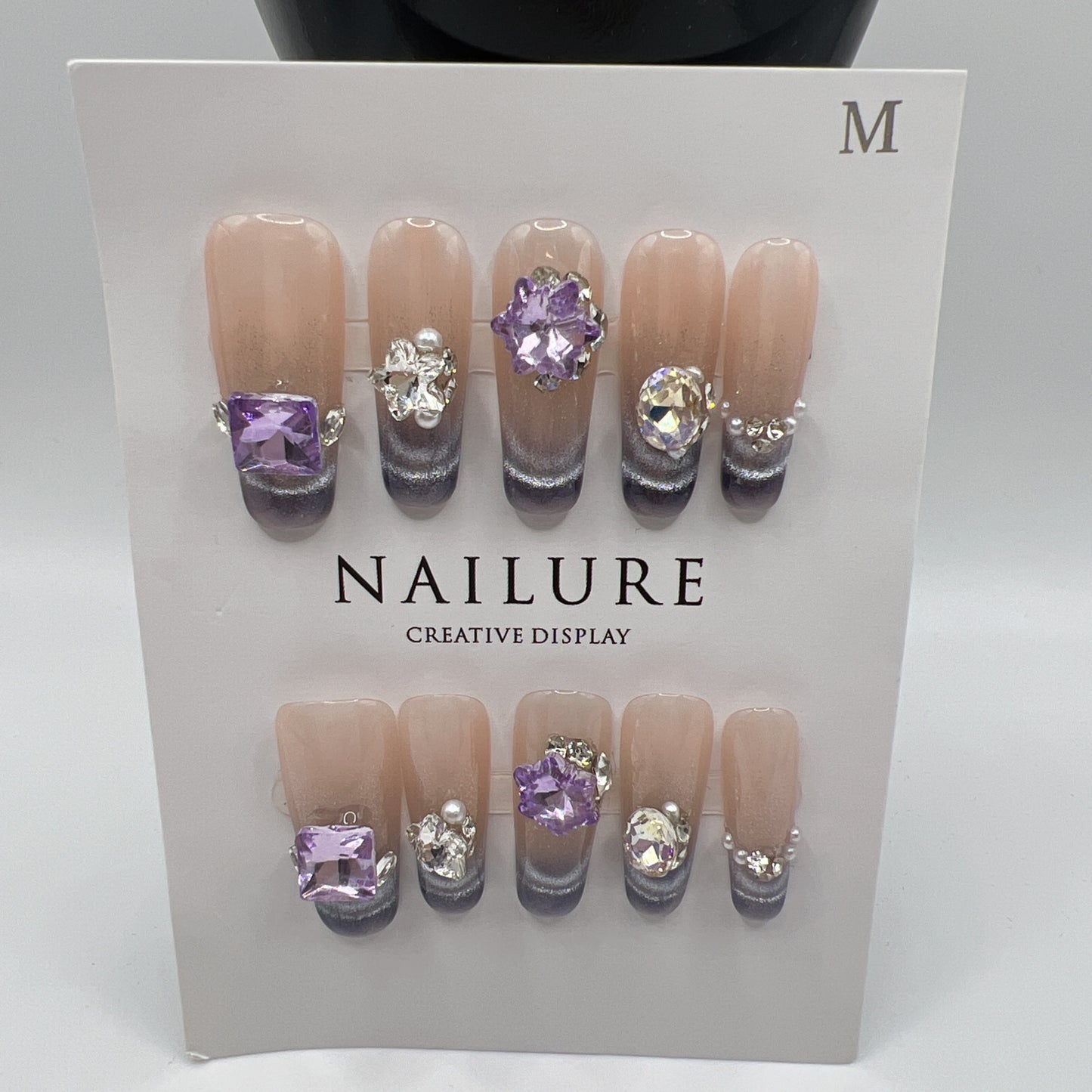 Long Coffin Press On Nails with Rhinestone Charms – 10 Designs, Medium Size