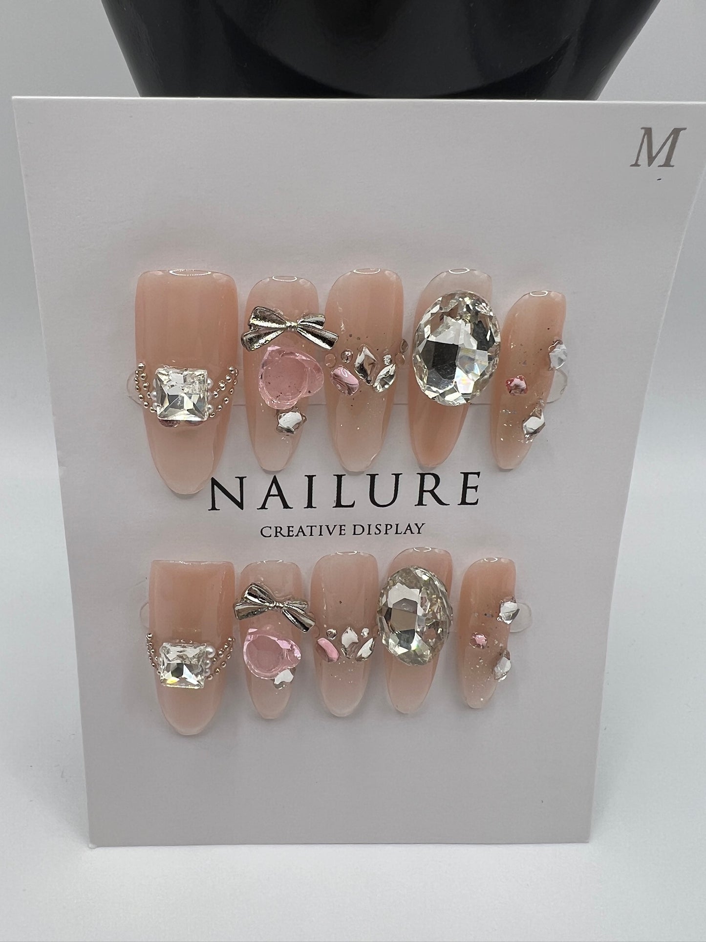 Long Oval Press On Nails with Rhinestone Charms β Glam Fake Nails, Medium Size, 10 Designs
