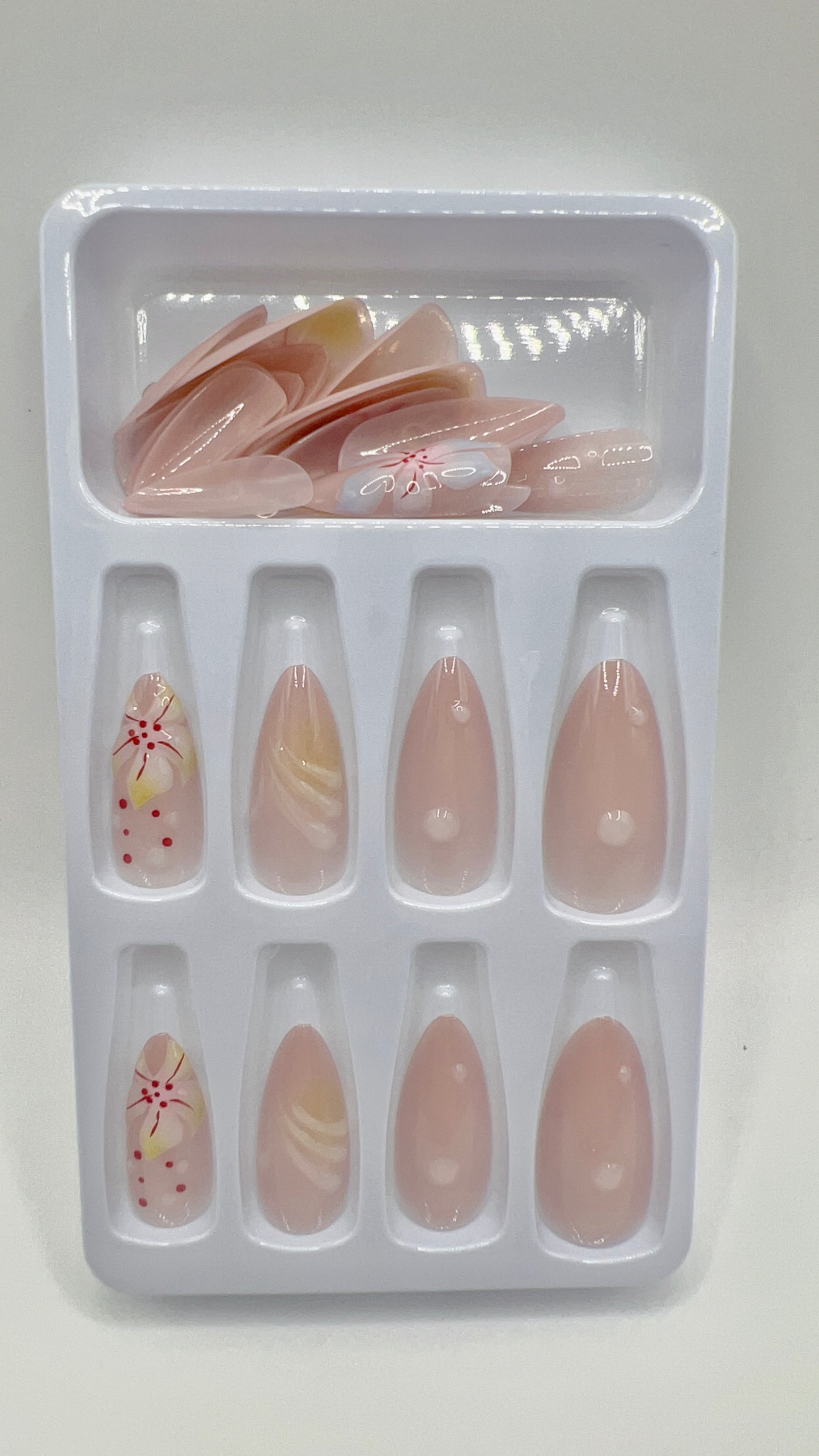 24pcs Almond Press On Nails Flower Skin Color Fit All Sizes Elegant