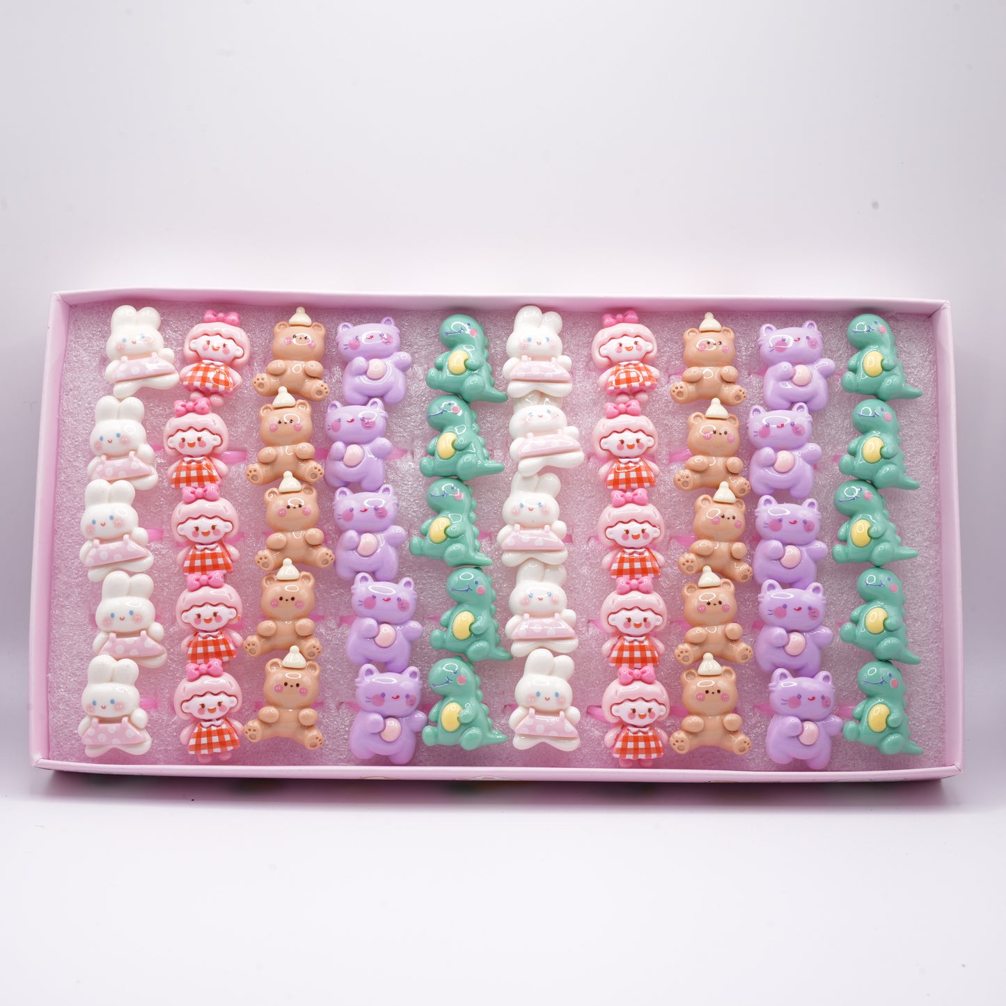 Animal Rings Set (50pcs) for Kids β Bunny, Bear, Cat, Dinosaur & Cute Girl Designs