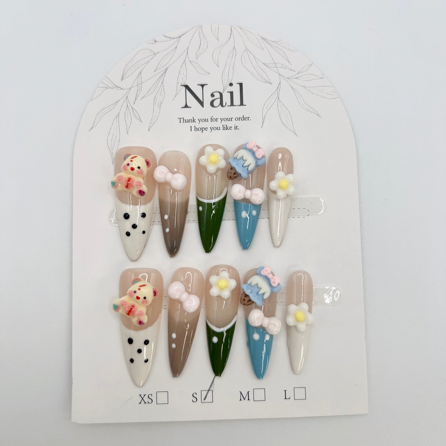 French Tip Long Stiletto Press On Nails with Cartoon Charms β Small Size