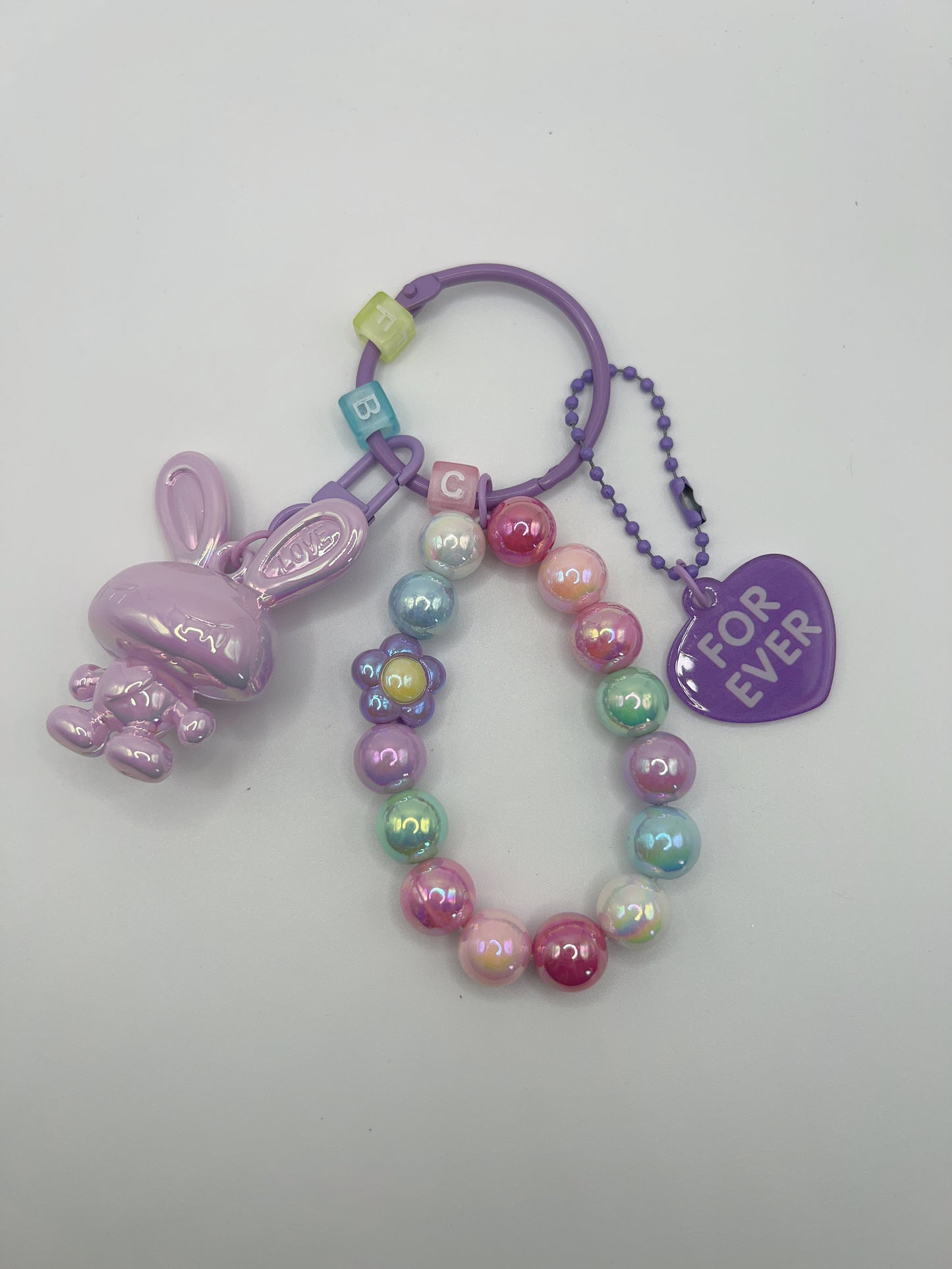 Bright Lacquered Shine Bunny Keychain with Bead Bracelets & Forever Heart Charm β Detachable Cute Bag Chain Accessory, 6 Colors