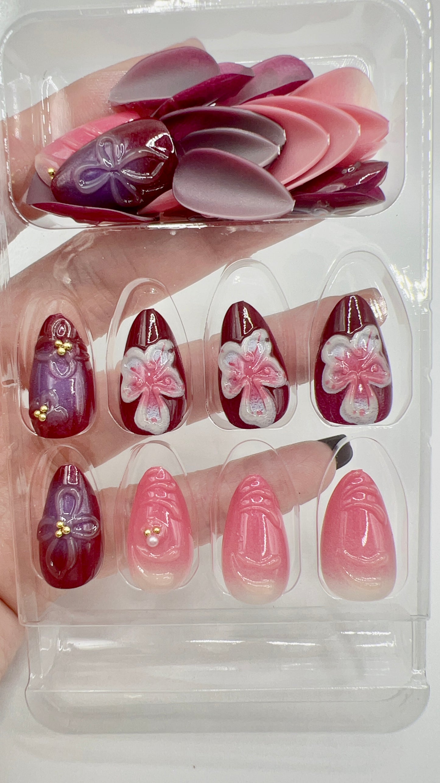 24 pcs Almond Press-On Nails β Flower Design, Wine Red & Pink, Elegant Style