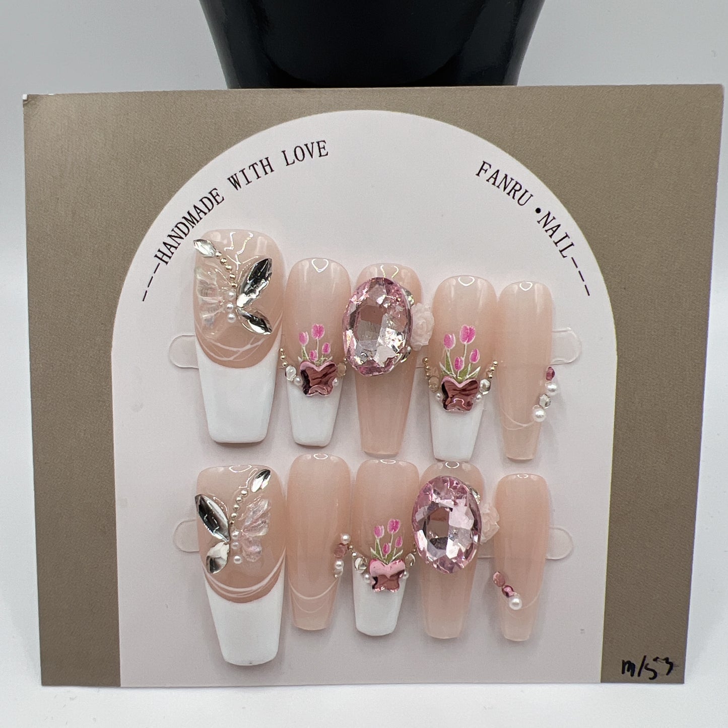 Long Coffin Press On Nails with Rhinestone Charms – 10 Designs, Medium Size