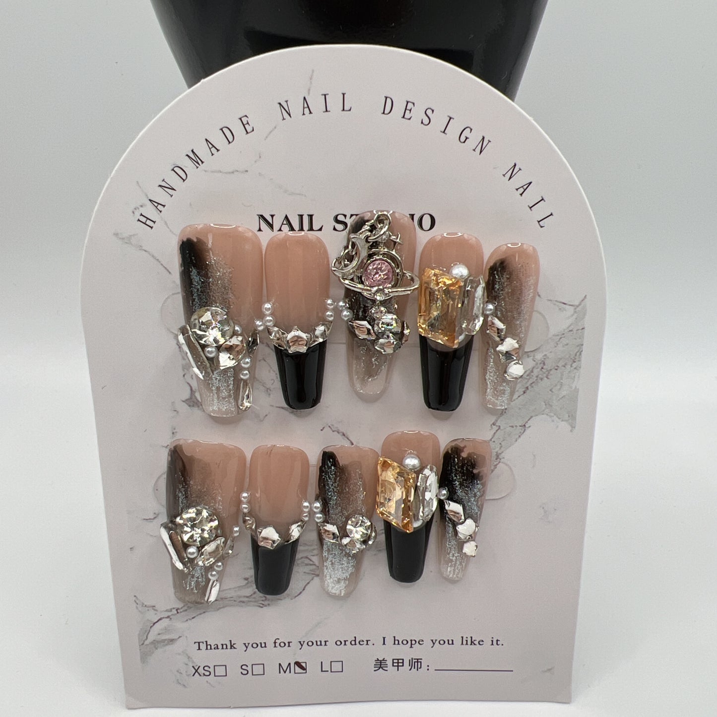 Long Coffin Press On Nails with Rhinestone Charms – 10 Designs, Medium Size