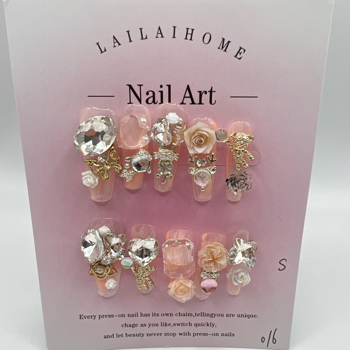 Long Coffin Press On Nails with Heavy Rhinestone & 2D Flower Charms ā 10 Designs, Medium Size