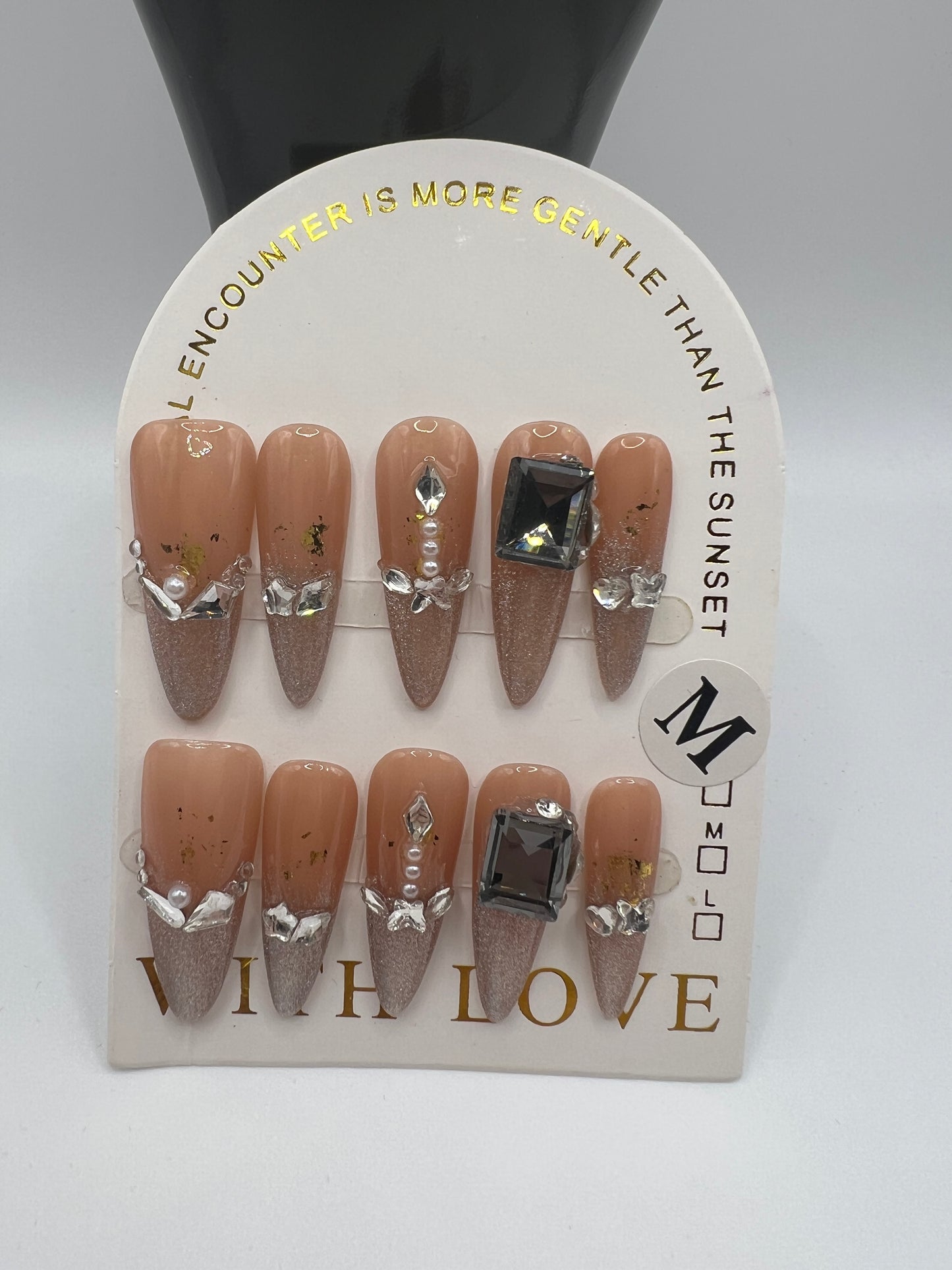 Long Stiletto Press On Nails with Rhinestone Charms β 10 Designs, Medium Size