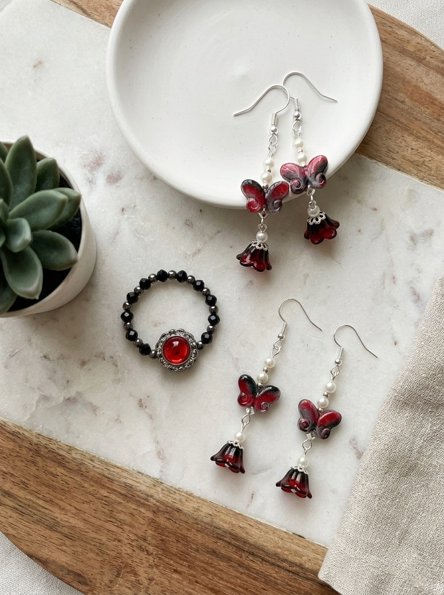 Red Butterfly Earrings with Vintage Gemstone Elastic Ring Set for Women – Beaded Silver Tone Jewelry