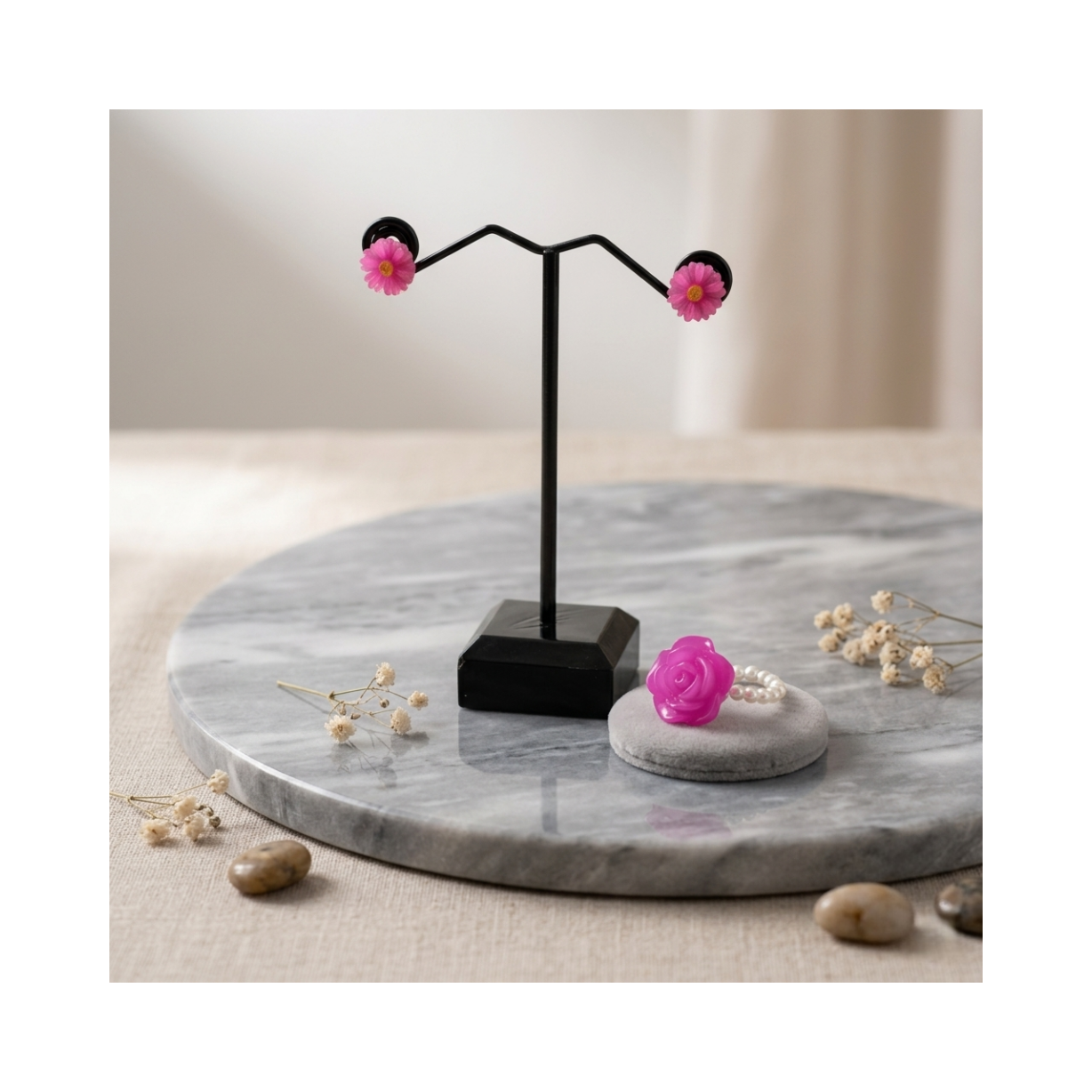 Flower Ring and Stud Earrings Jewelry Set for Women – Beaded Stretch Ring with Floral Stud Earrings Matching Jewelry