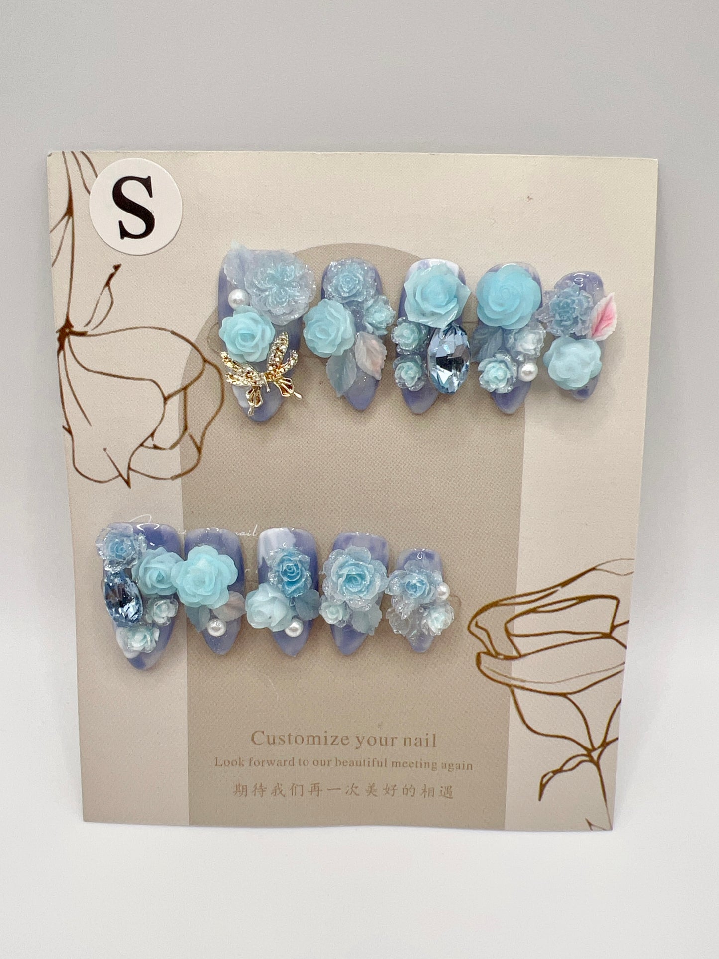 Luxury Almond Press-On Nails with Heavy Rhinestones & 2D Flower Charms – Small Size