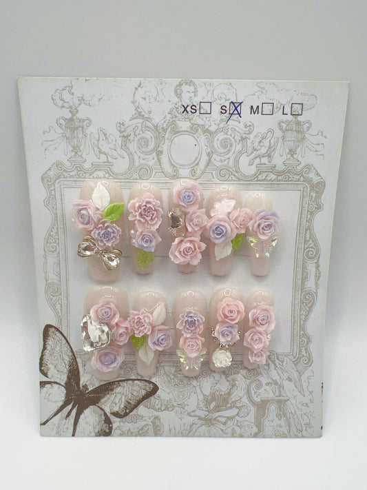 Long Coffin Press On Nails with Rhinestone and 2D Flowers – Small Size